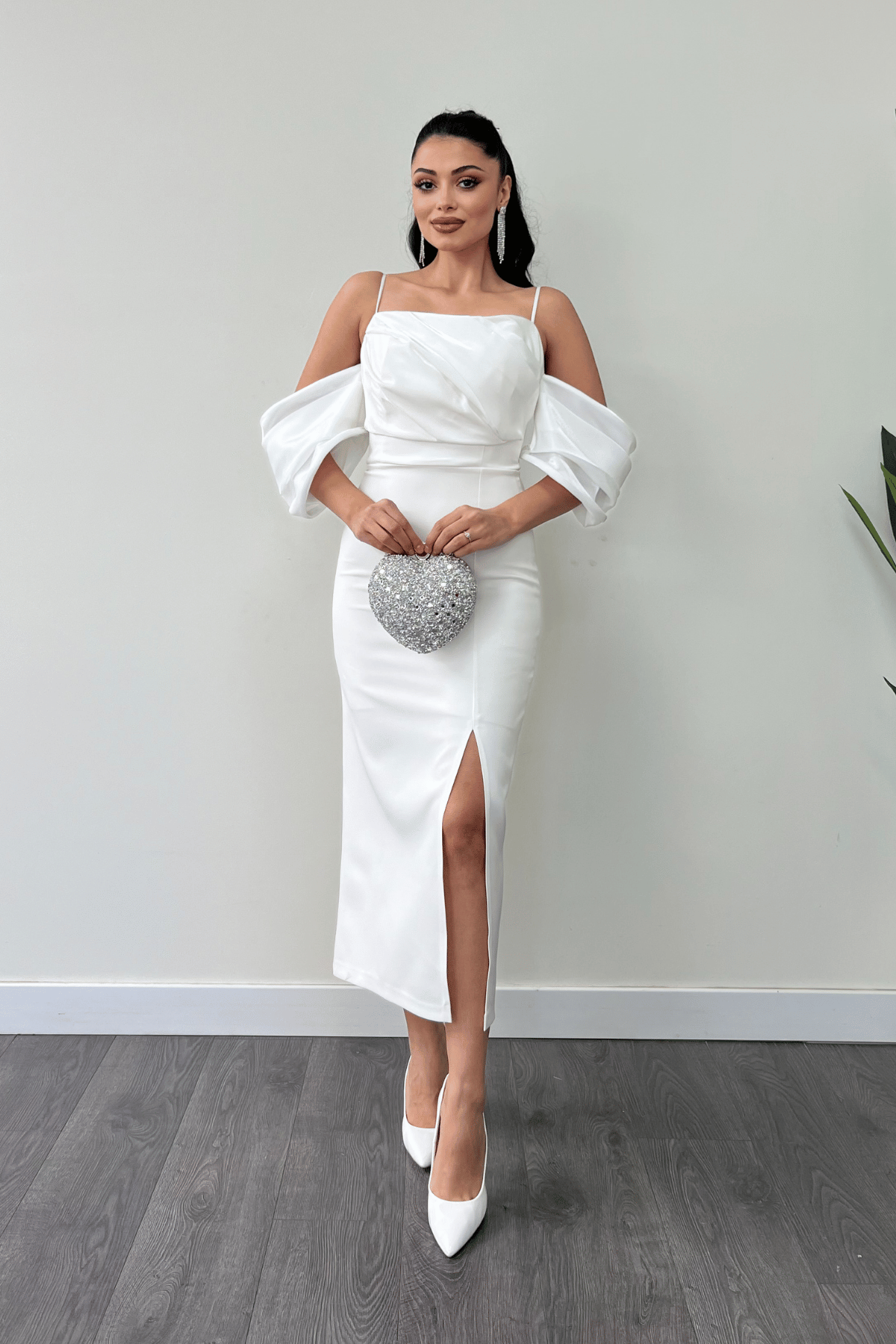 Atlas Kumaş Saten Detaylı Kalem Elbise - BEYAZ