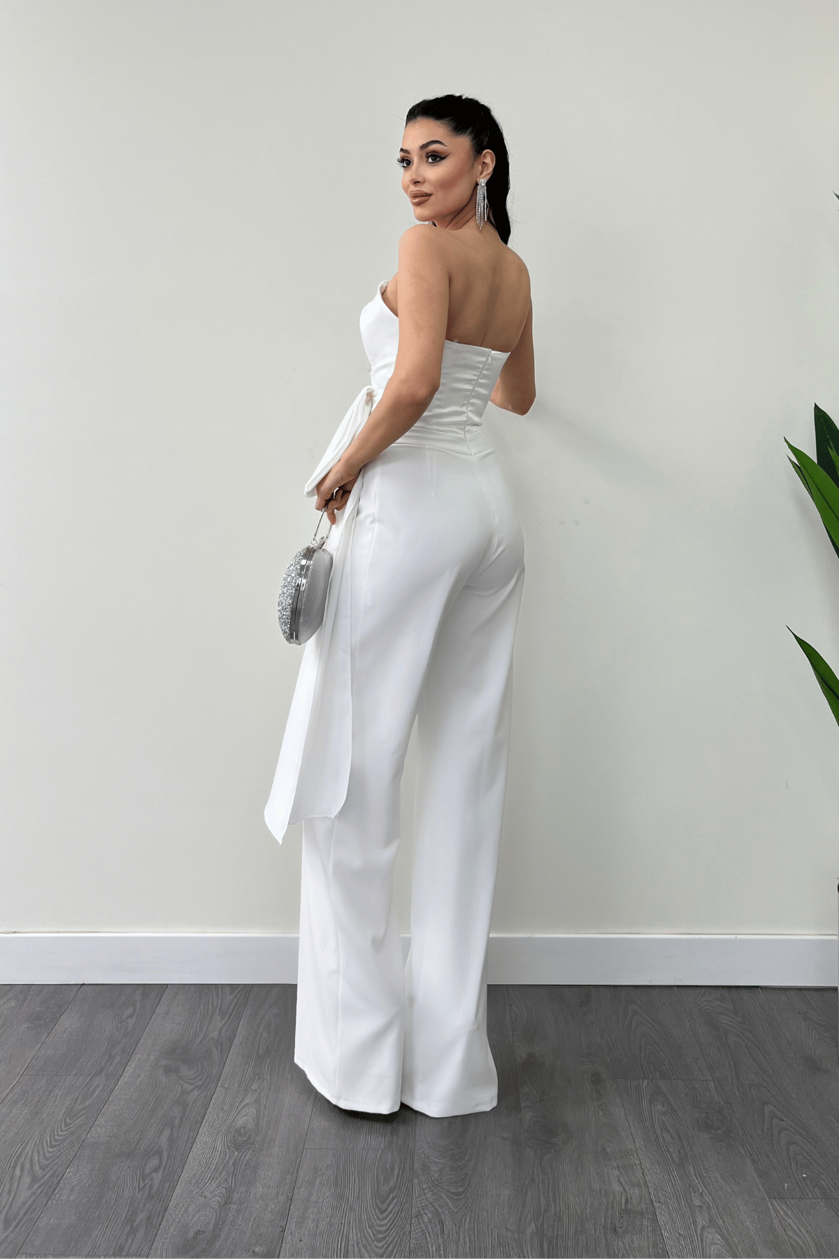 Atlas Kumaş Saten Detaylı Straplez Abiye Tulum - BEYAZ