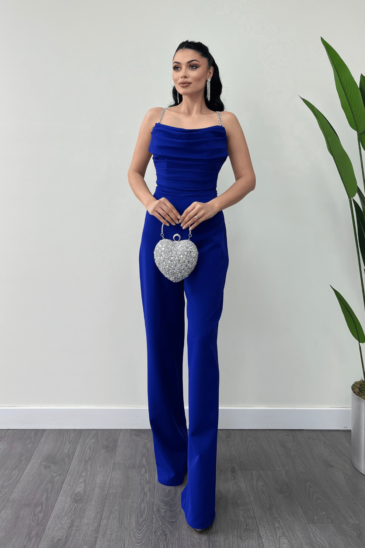 Atlas Kumaş Sırt Detaylı Tulum - SAKS MAVİ