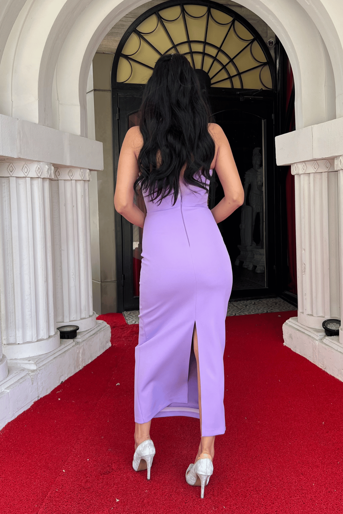 Atlas Kumaş Straplez Fiyonklu Kalem Elbise - LİLA