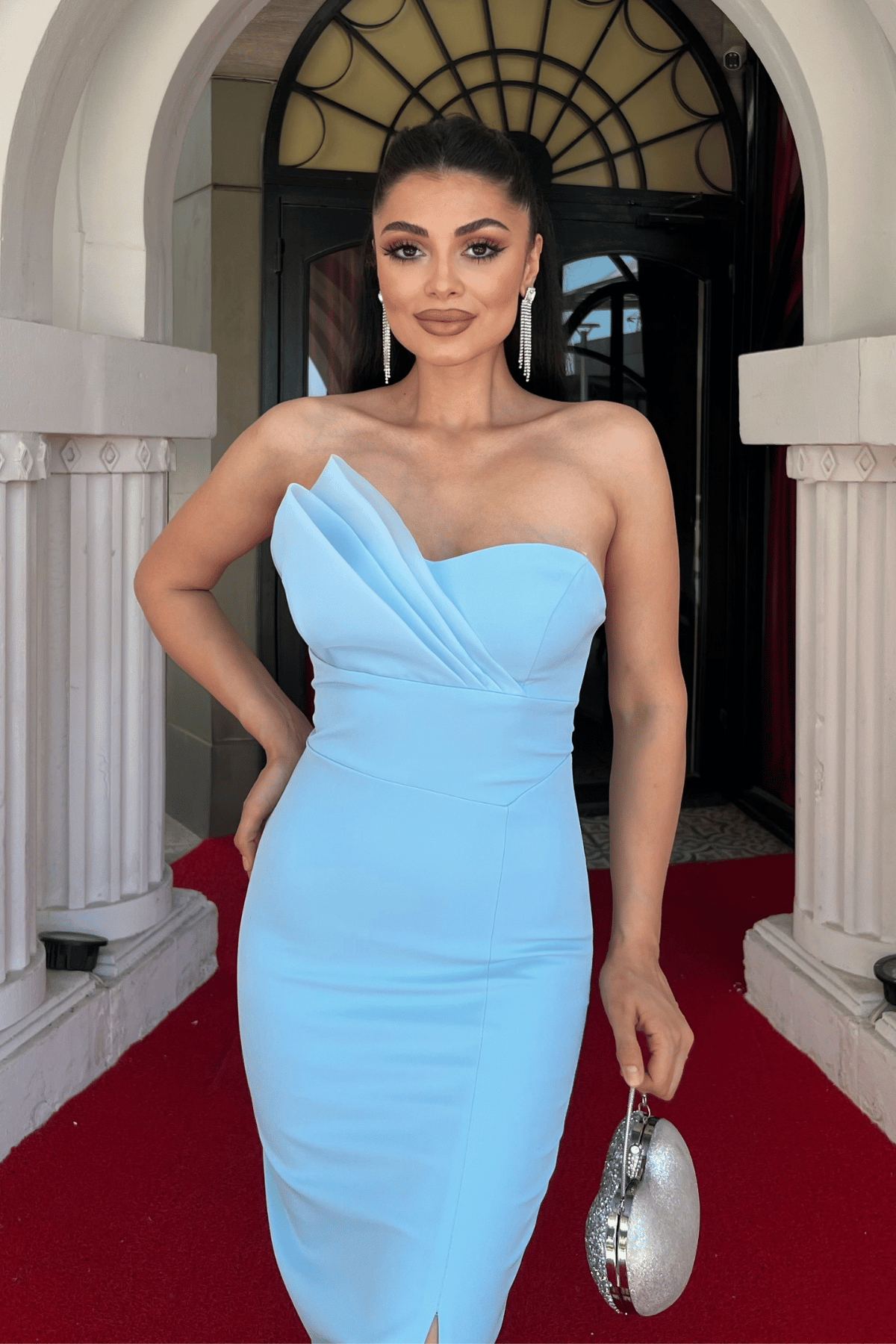 Atlas Kumaş Straplez Kalem Elbise - BEBE MAVİSİ