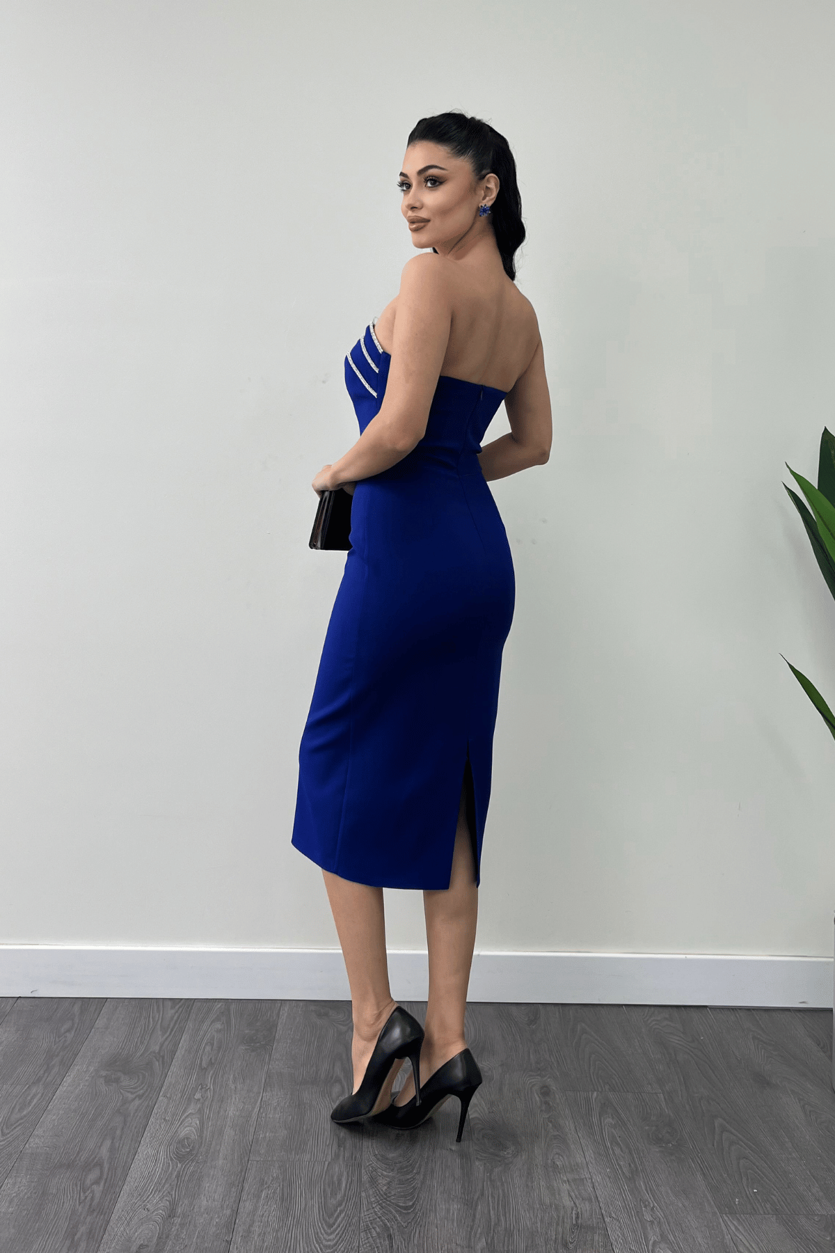 Atlas Kumaş Straplez Kalem Elbise - SAKS MAVİ