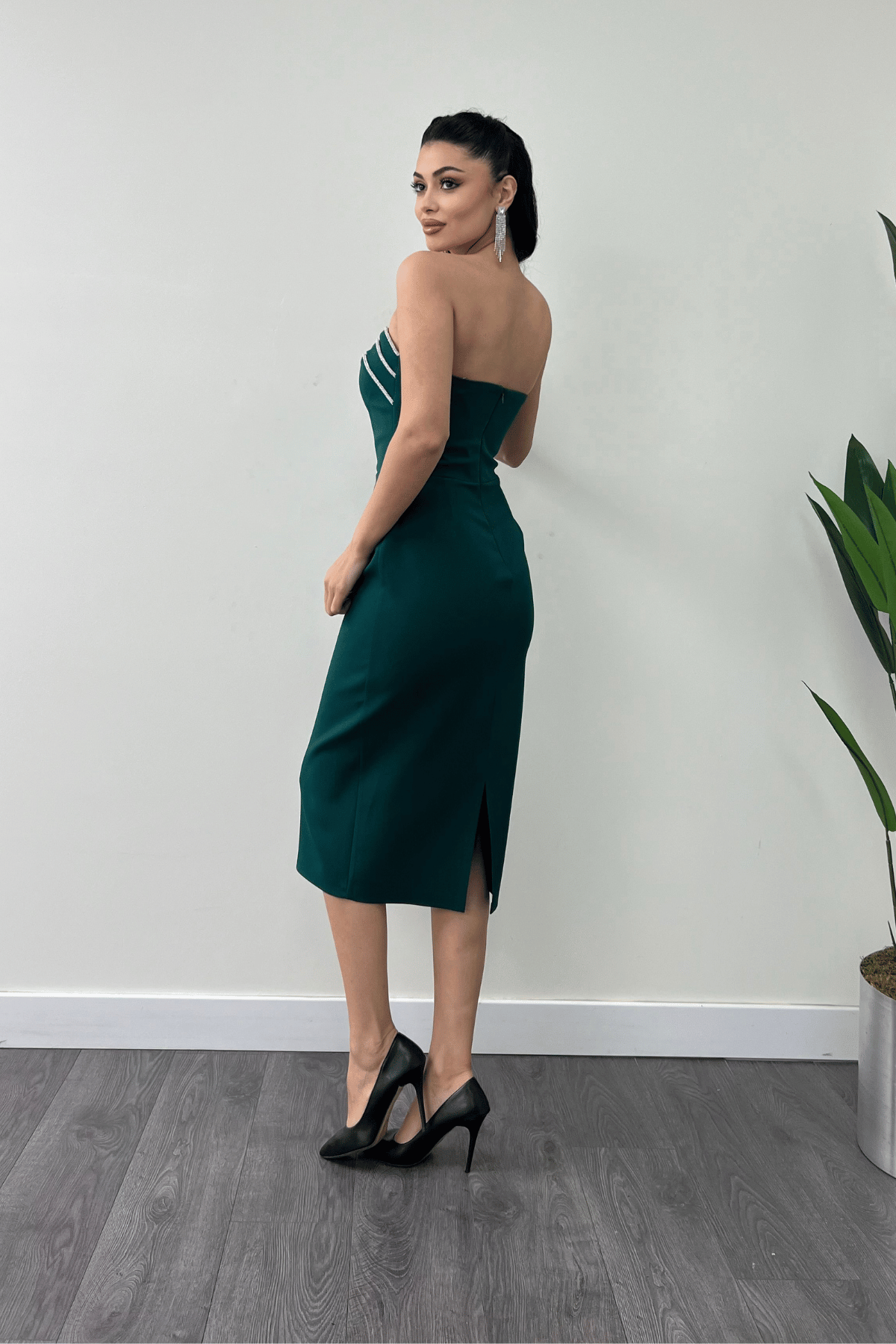 Atlas Kumaş Straplez Kalem Elbise - ZÜMRÜT YEŞİL