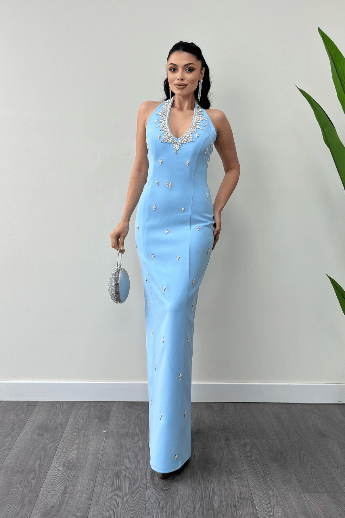 Atlas Kumaş Taş Detaylı Boyundan Bağlama Abiye Elbise - BEBE MAVİSİ