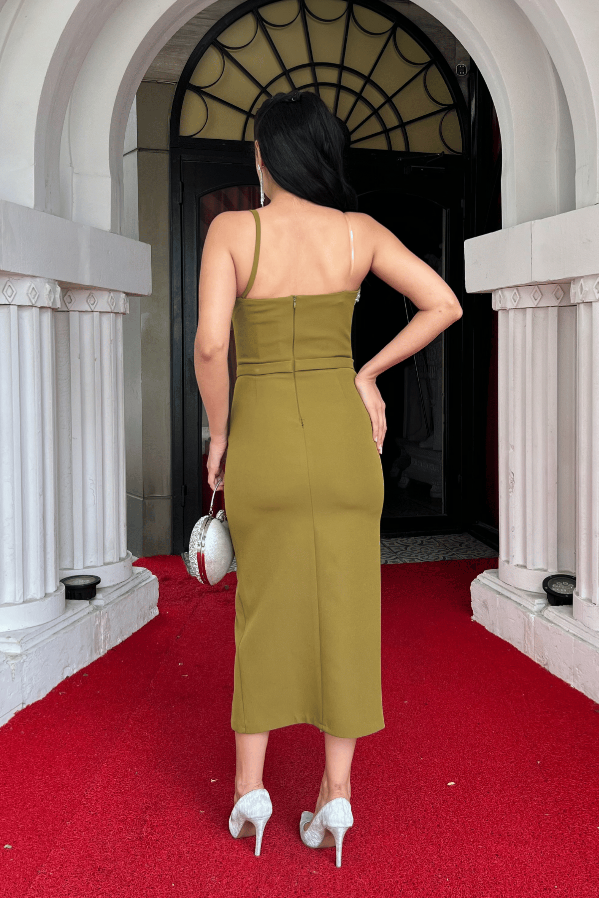 Atlas Kumaş Taş Detaylı Kalem Elbise - HAKİ YEŞİLİ