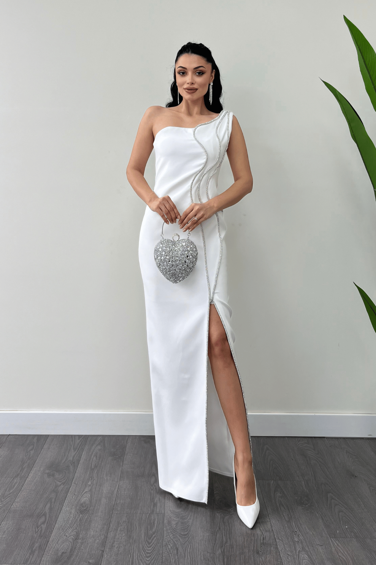 Atlas Kumaş Taşlı Şerit Detaylı Abiye Elbise - BEYAZ