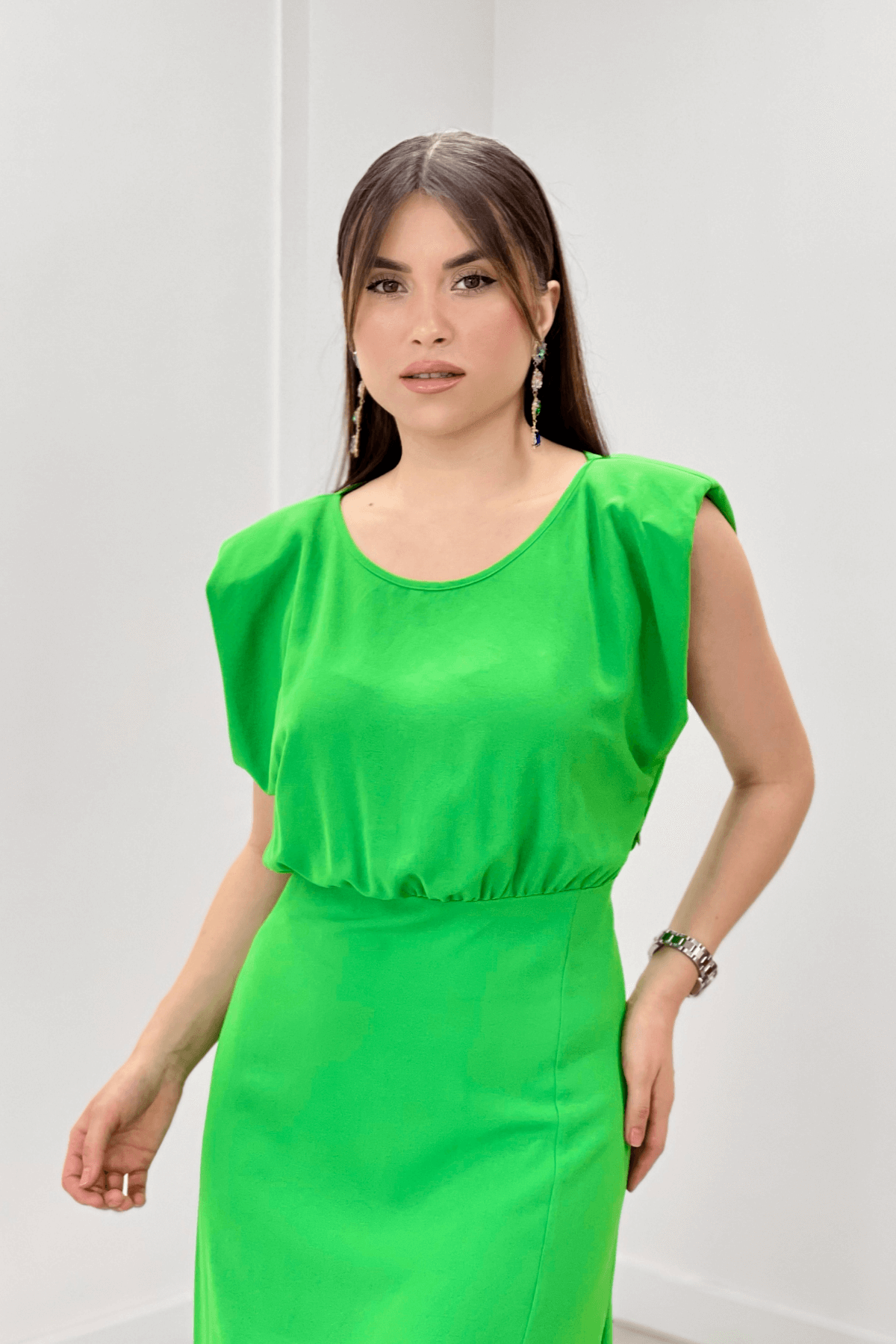 Ayrobin Kumaş Büzgü Detaylı Elbise - Fıstık Yeşili