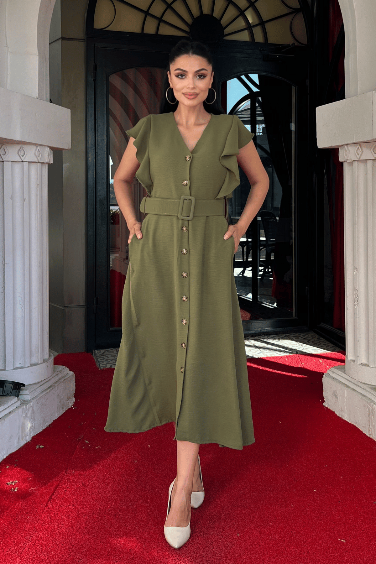 Ayrobin Kumaş Düğme Detaylı Elbise - HAKİ YEŞİLİ