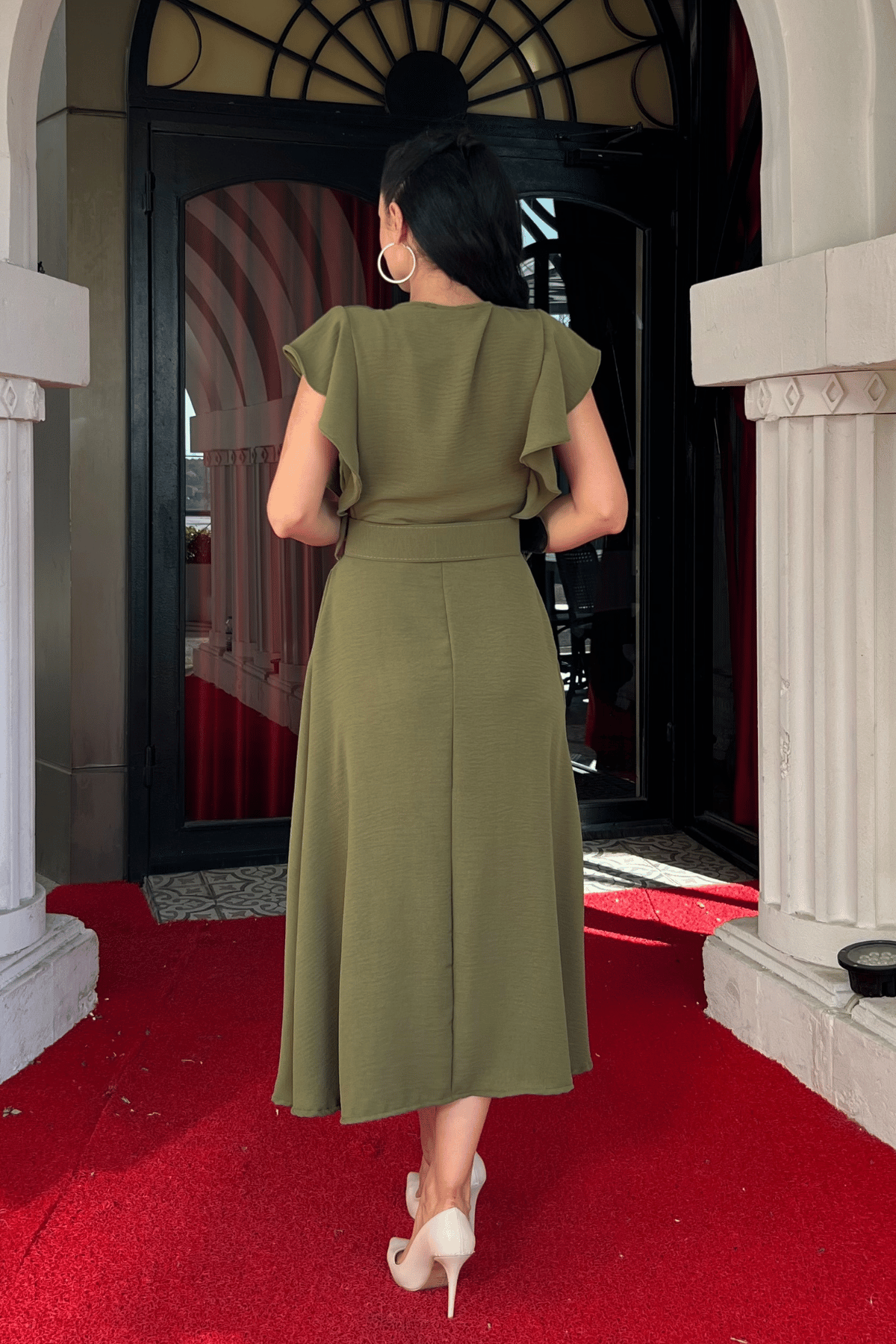 Ayrobin Kumaş Düğme Detaylı Elbise - HAKİ YEŞİLİ