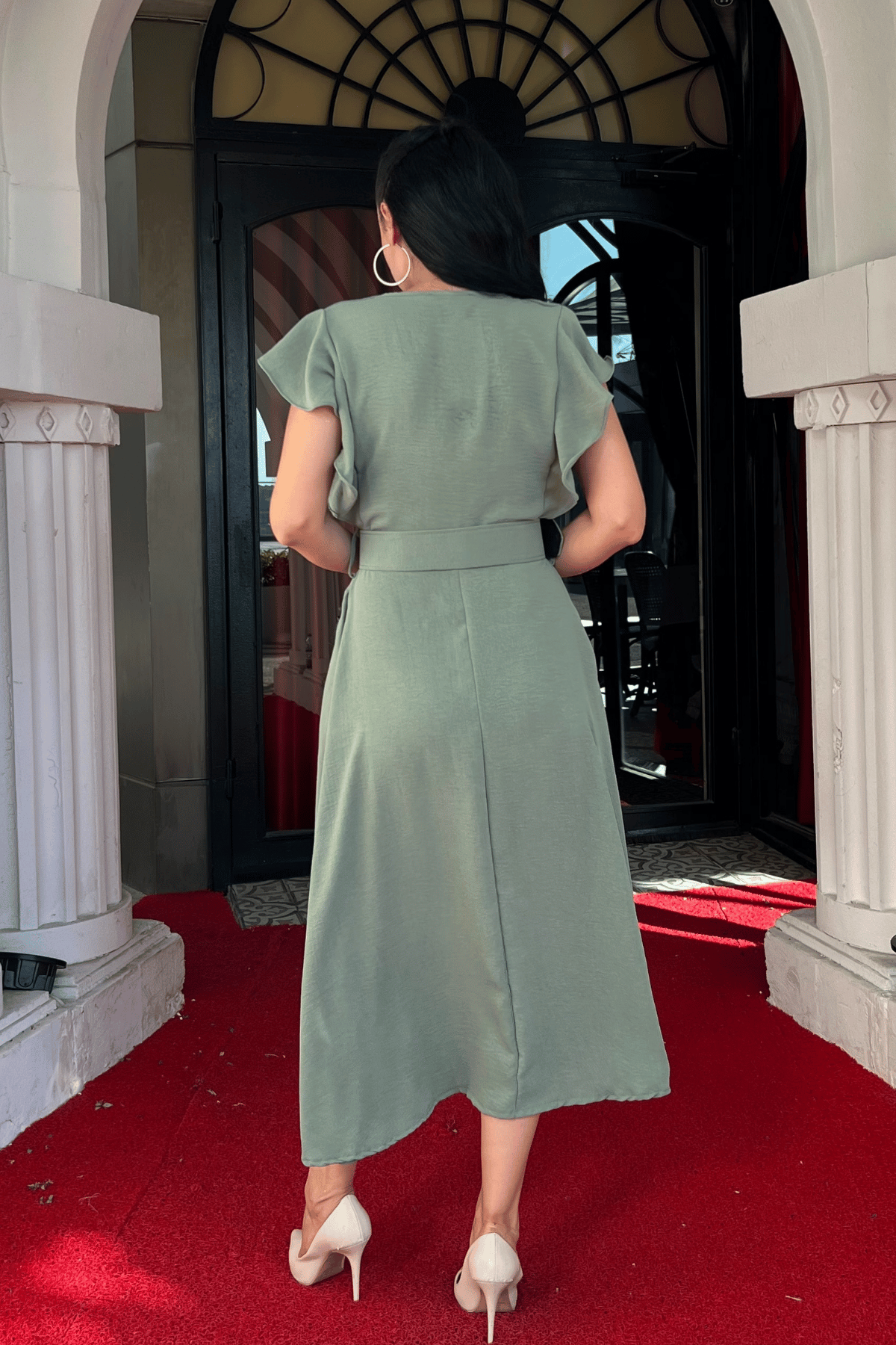 Ayrobin Kumaş Düğme Detaylı Elbise - MİNT YEŞİLİ