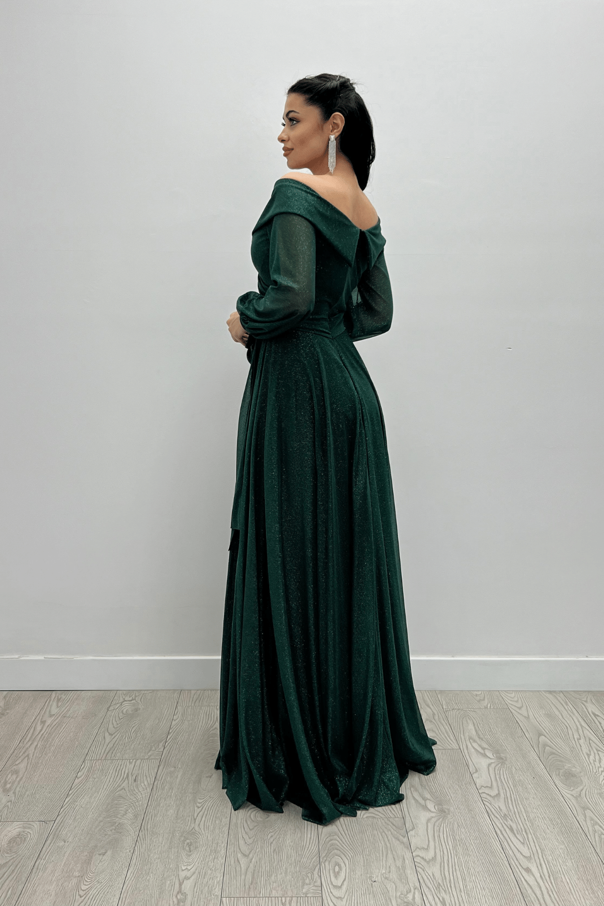 Bağcıklı Kol Kuşaklı Simli Tül Elbise - ZÜMRÜT YEŞİL