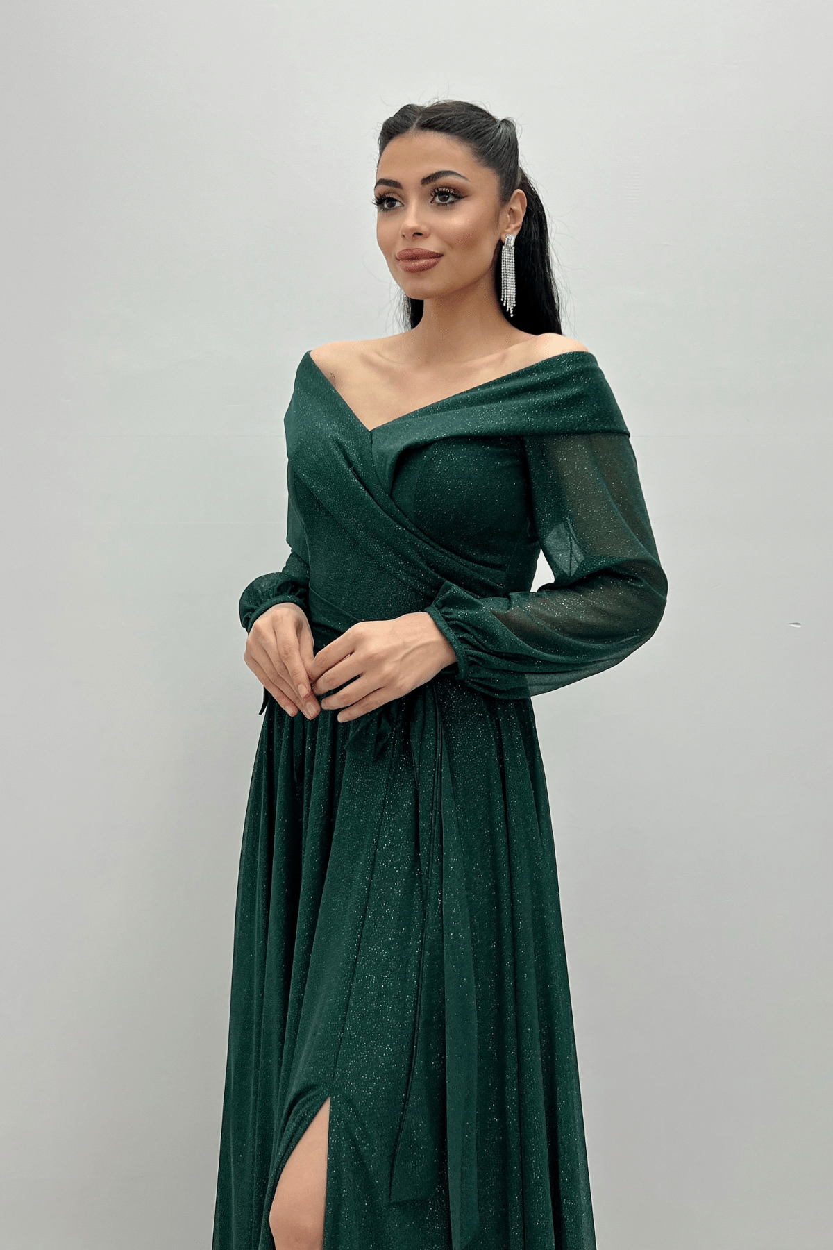 Bağcıklı Kol Kuşaklı Simli Tül Elbise - ZÜMRÜT YEŞİL