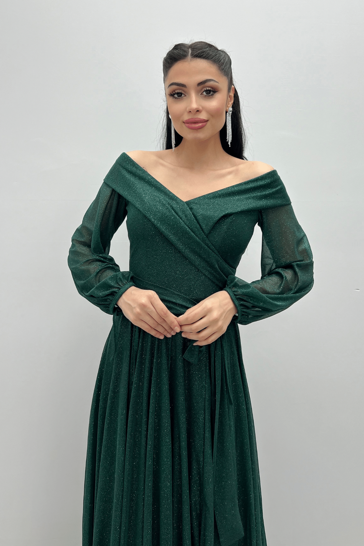 Bağcıklı Kol Kuşaklı Simli Tül Elbise - ZÜMRÜT YEŞİL