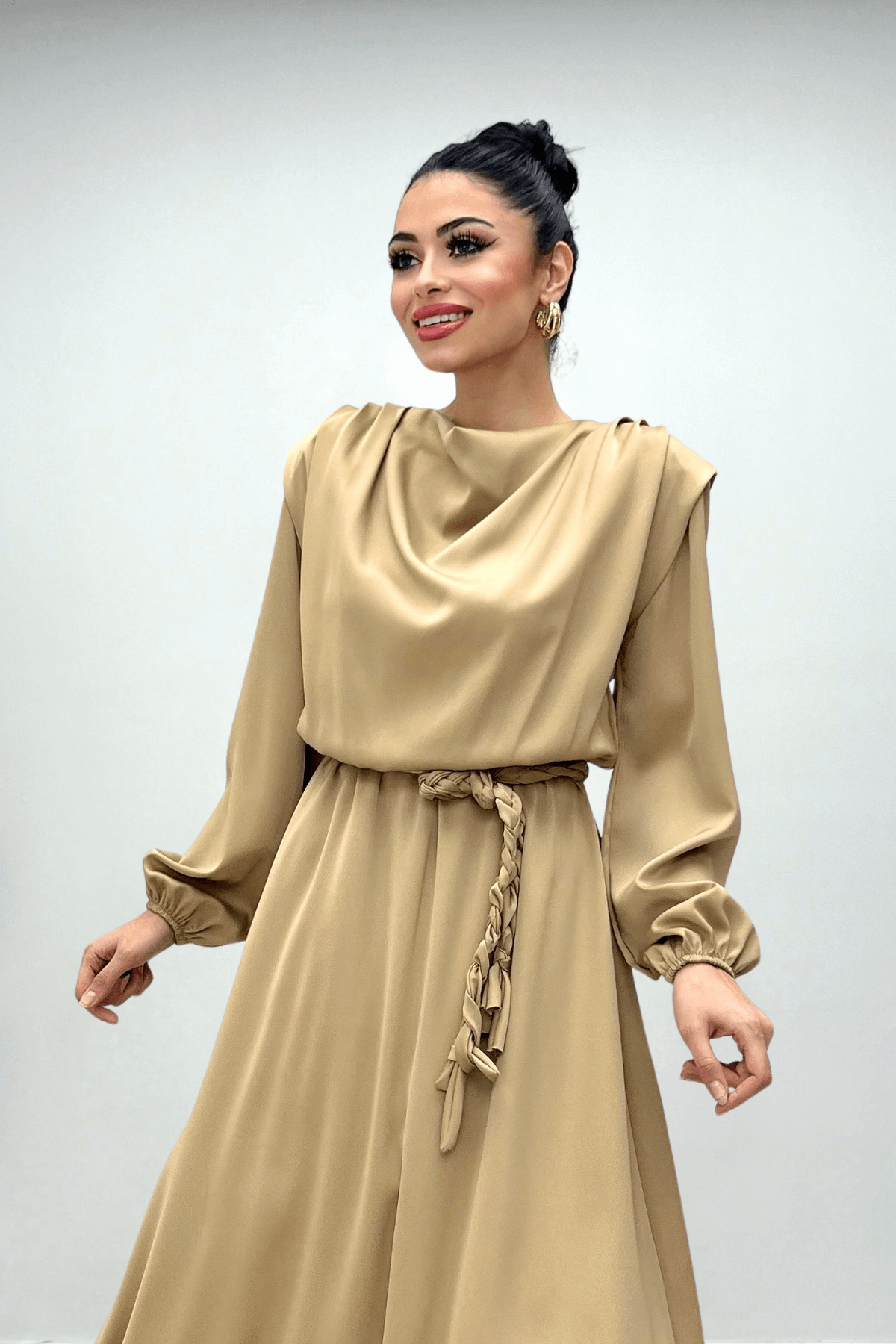 Beli Büzgülü Saten Abiye Elbise - CAMEL