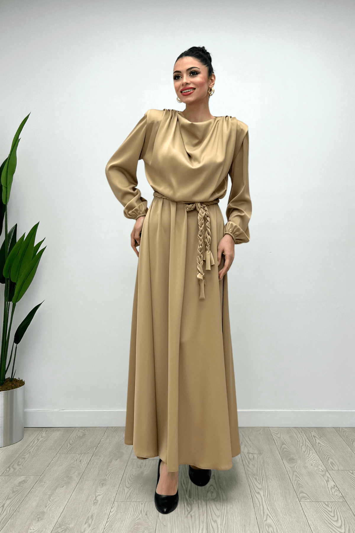 Beli Büzgülü Saten Abiye Elbise - CAMEL