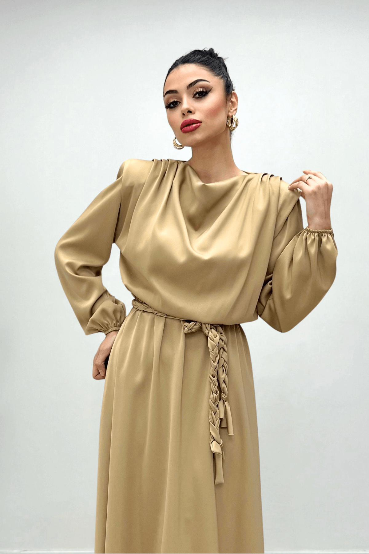 Beli Büzgülü Saten Abiye Elbise - CAMEL