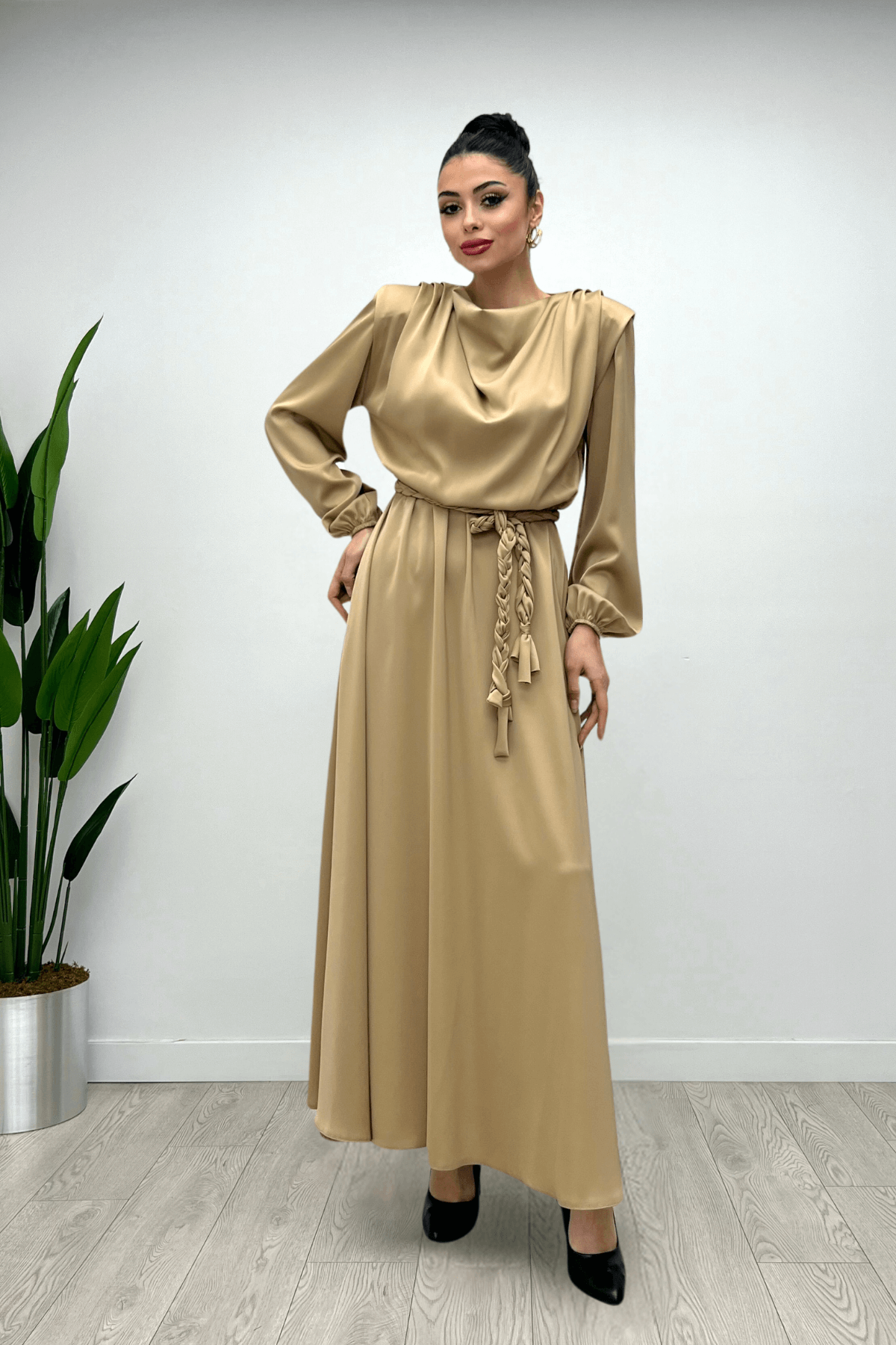 Beli Büzgülü Saten Abiye Elbise - CAMEL