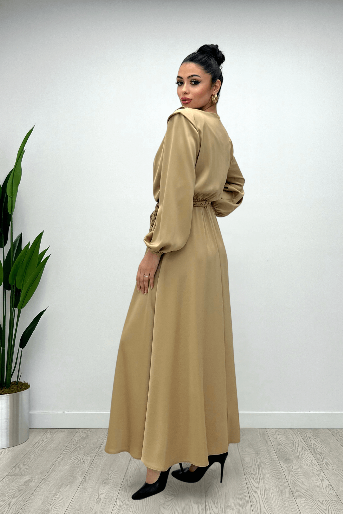 Beli Büzgülü Saten Abiye Elbise - CAMEL