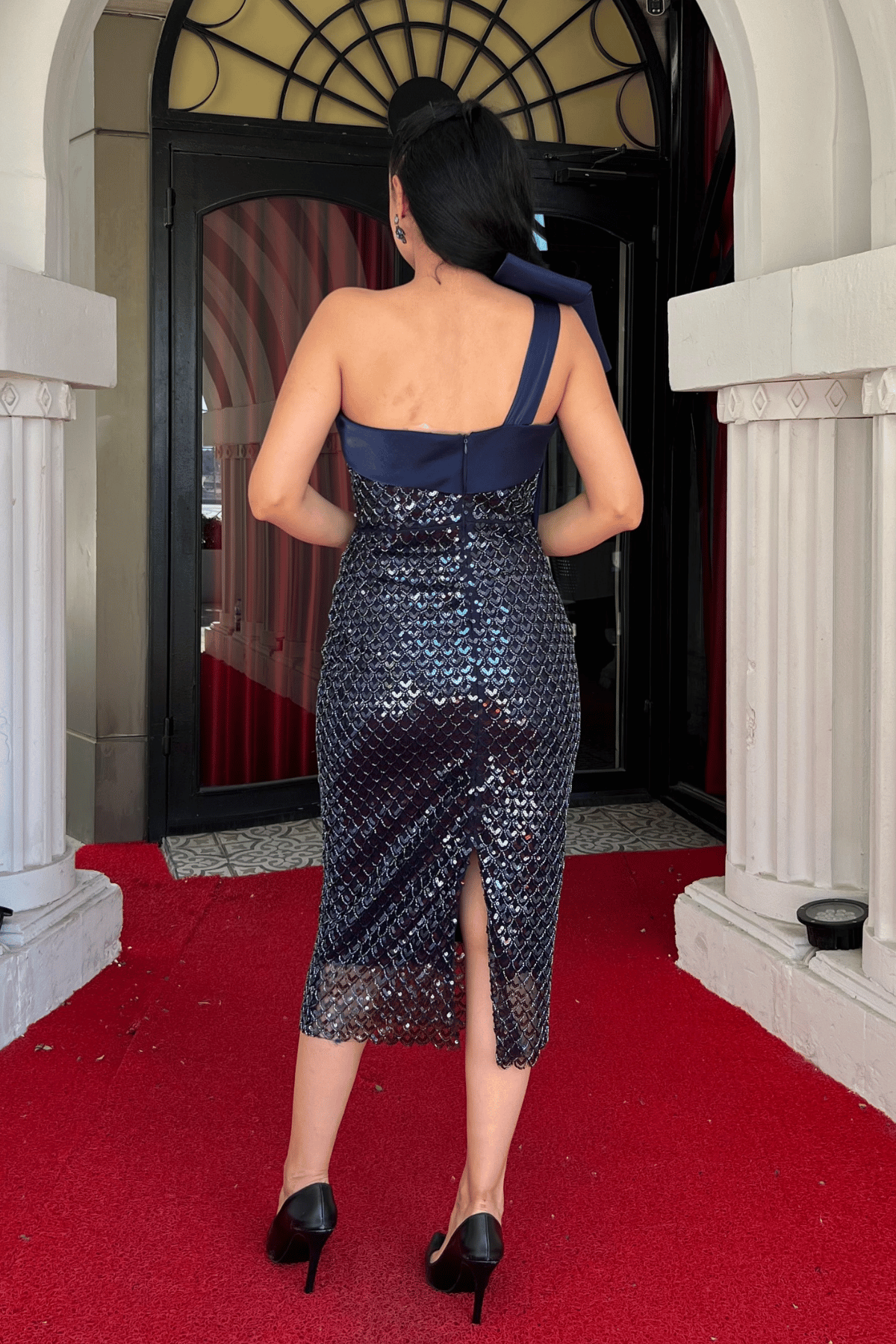 Boncuk Kumaş Fiyonk Detaylı Kalem Elbise - LACİVERT