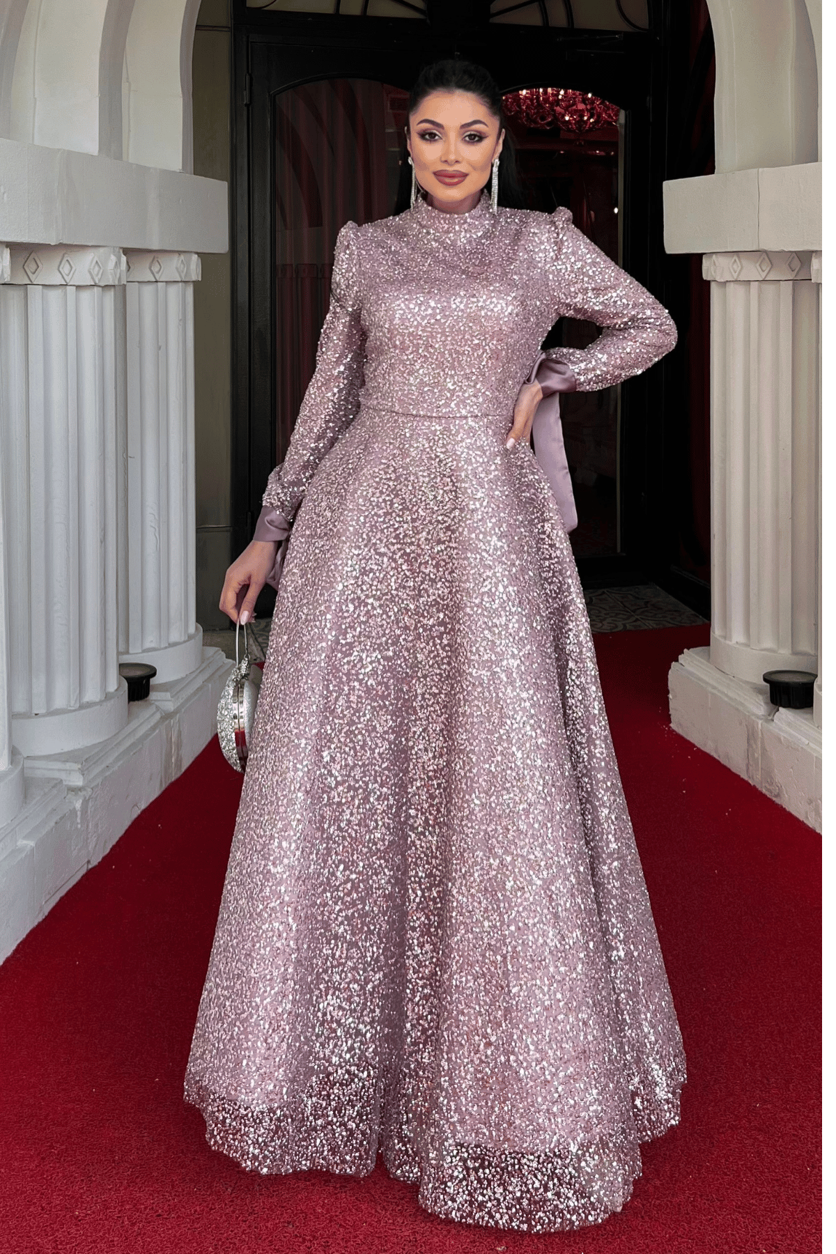 Boncuklu Kumaş Saten Detaylı Abiye Elbise - PUDRA