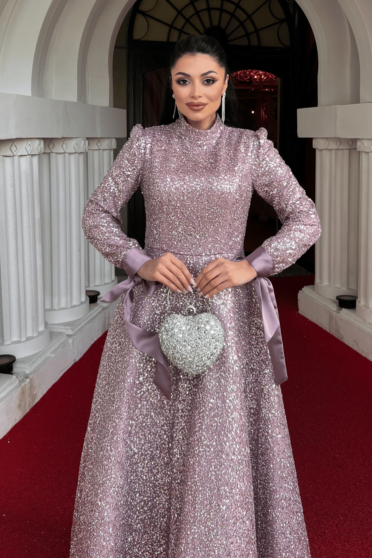 Boncuklu Kumaş Saten Detaylı Abiye Elbise - PUDRA