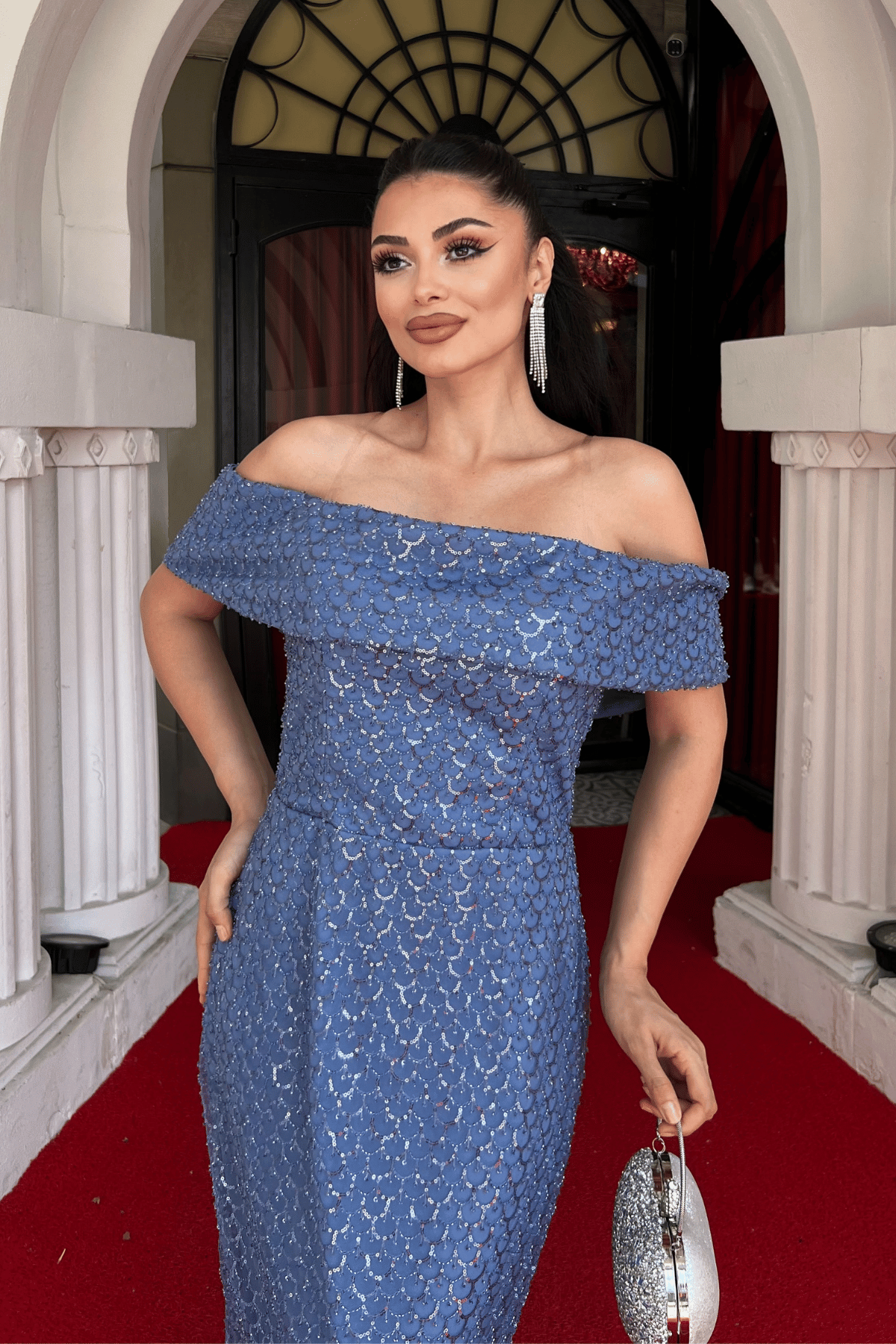 Boncuklu Tül Kumaş Straplez Kalem Elbise - İNDİGO MAVİ