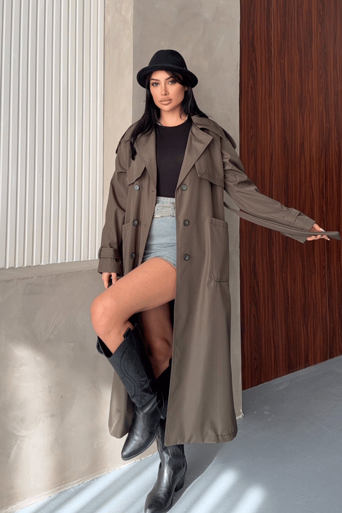 Bondit Kumaş Cepli Trençkot - HAKİ YEŞİLİ