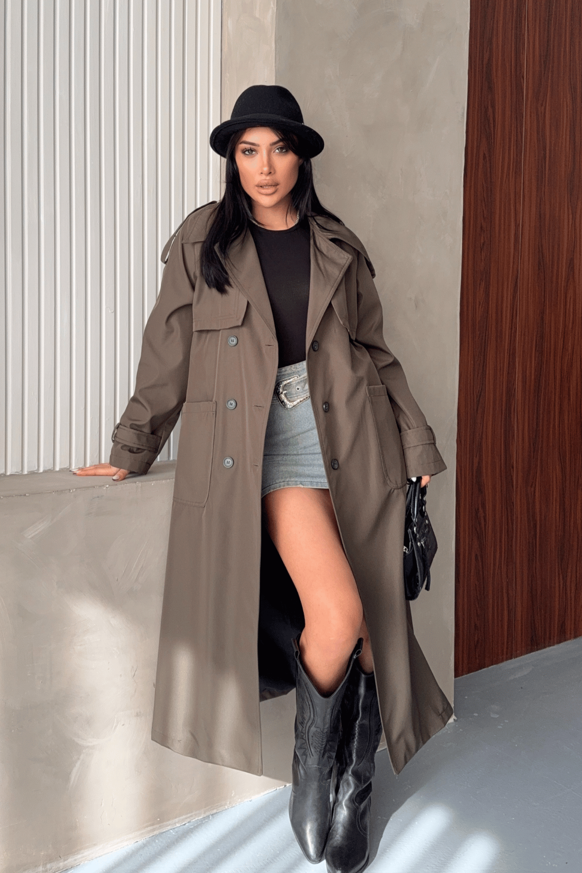 Bondit Kumaş Cepli Trençkot - HAKİ YEŞİLİ