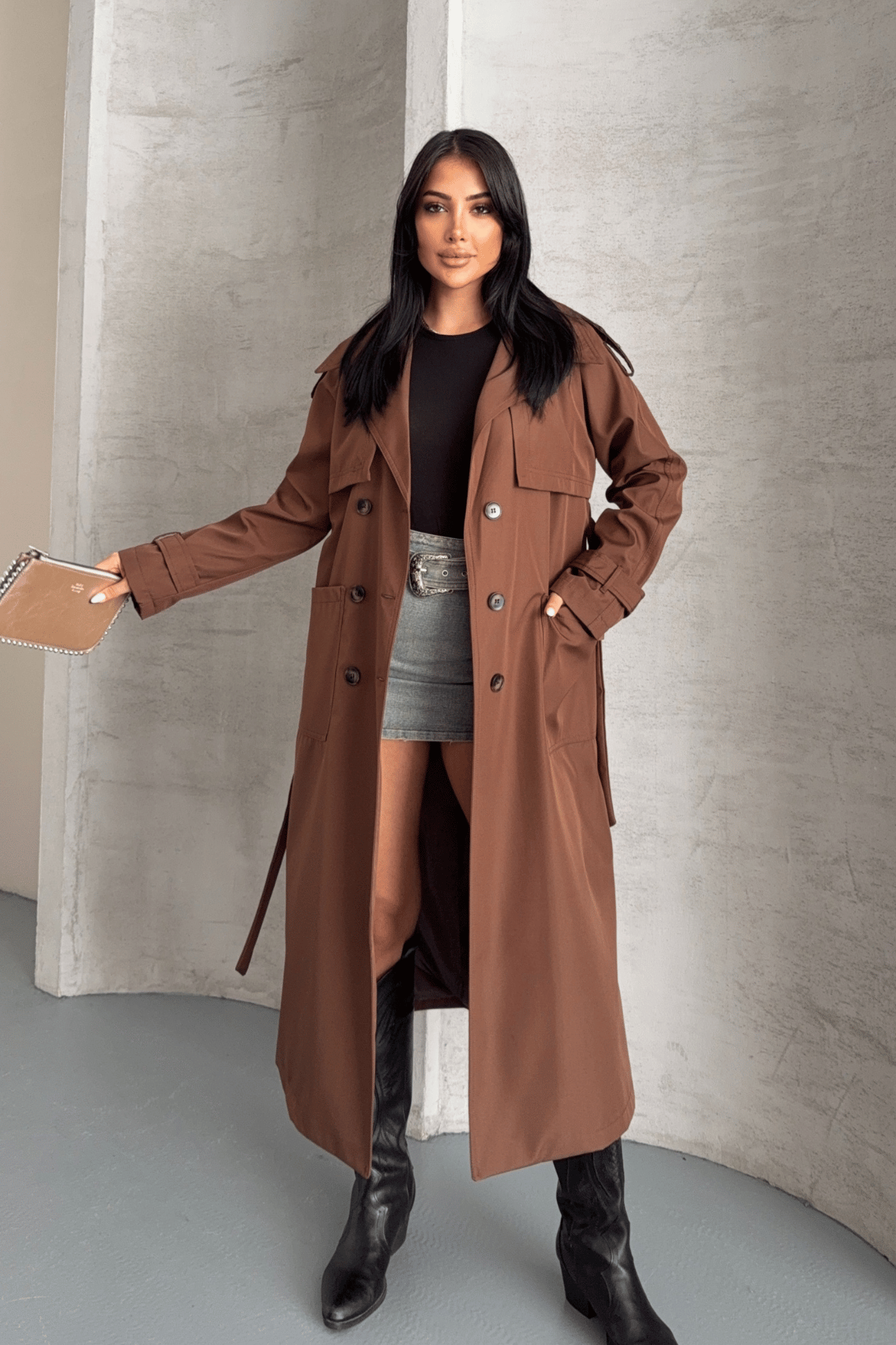 Bondit Kumaş Cepli Trençkot - KAHVERENGİ