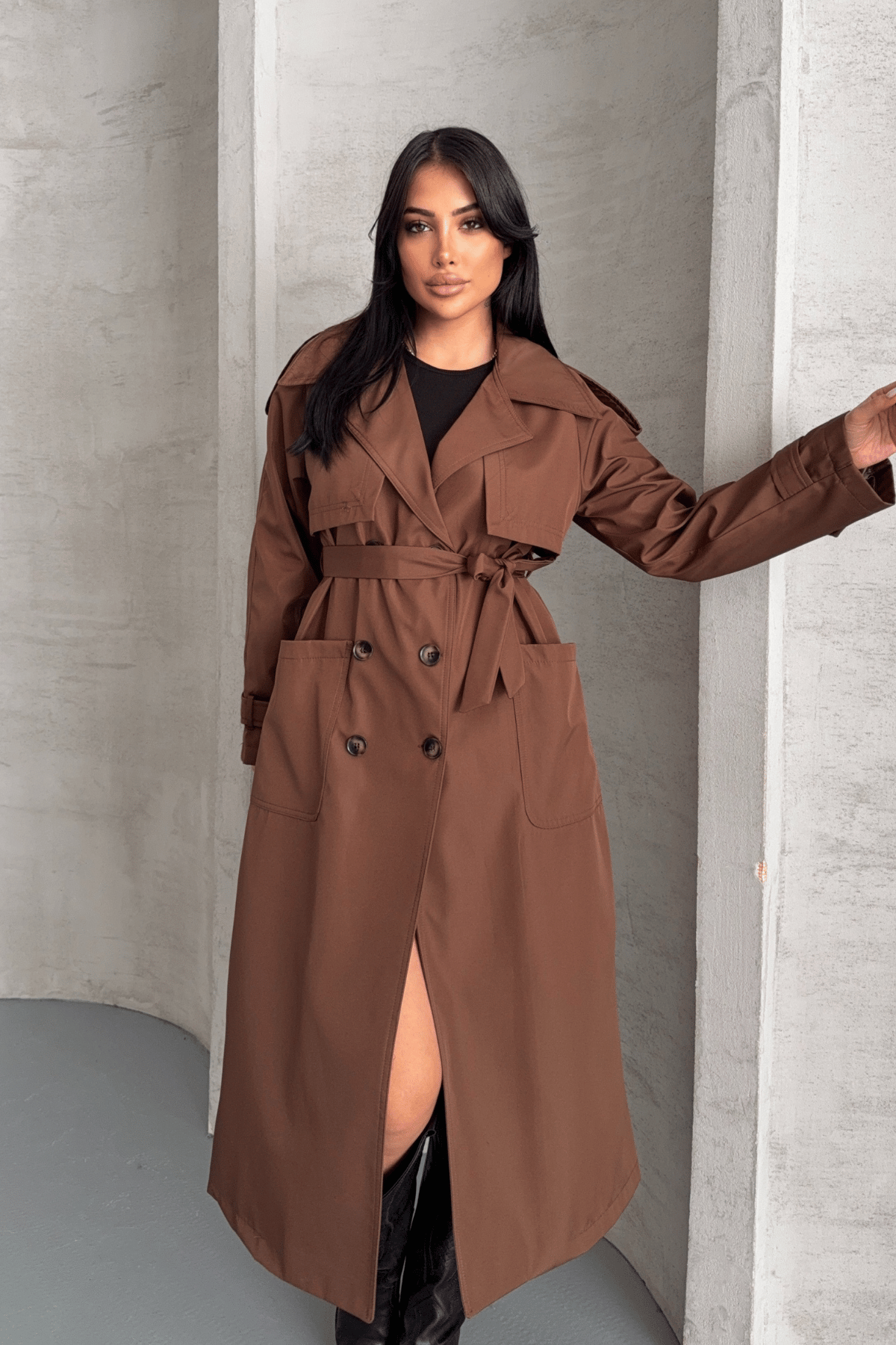 Bondit Kumaş Cepli Trençkot - KAHVERENGİ