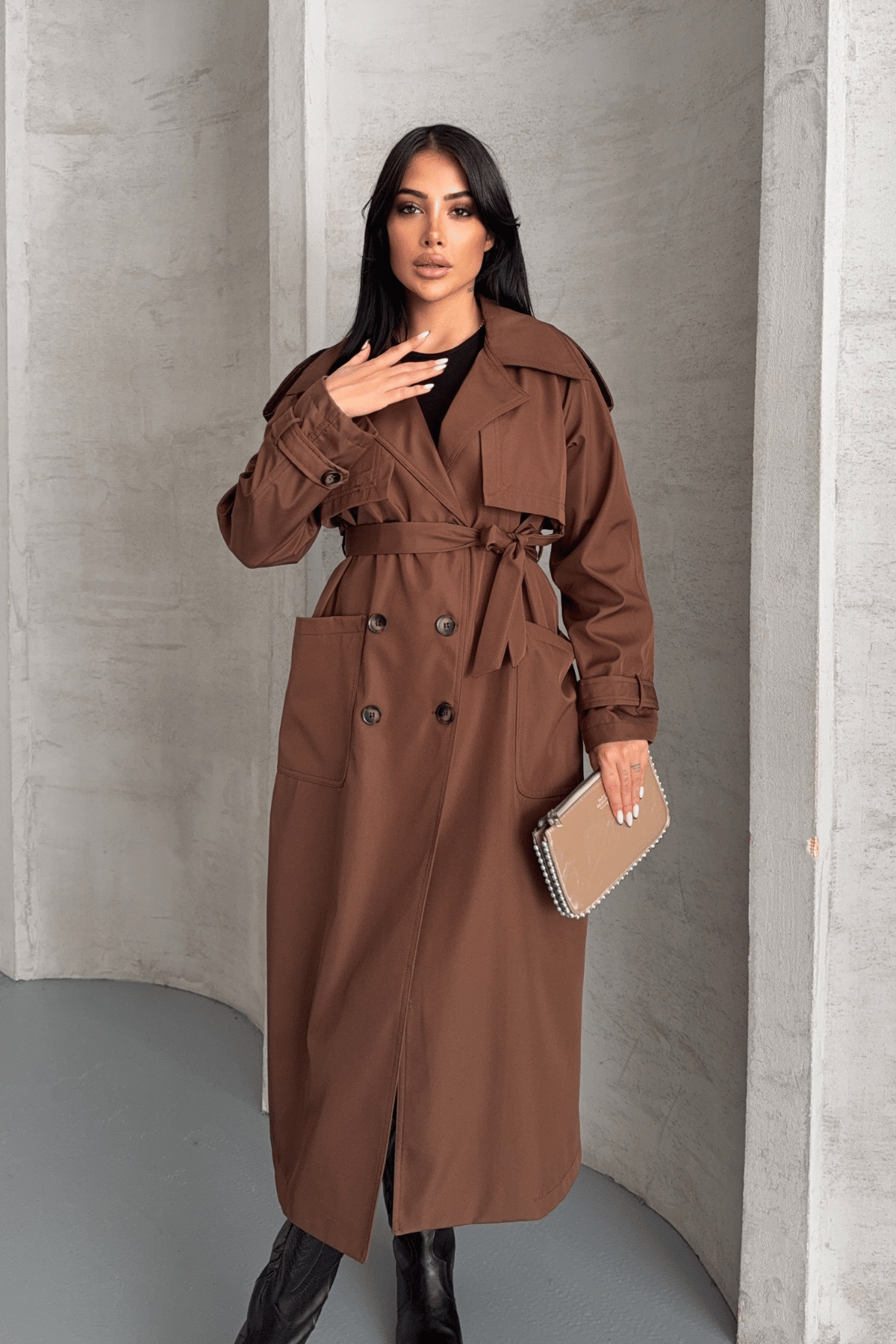 Bondit Kumaş Cepli Trençkot - KAHVERENGİ