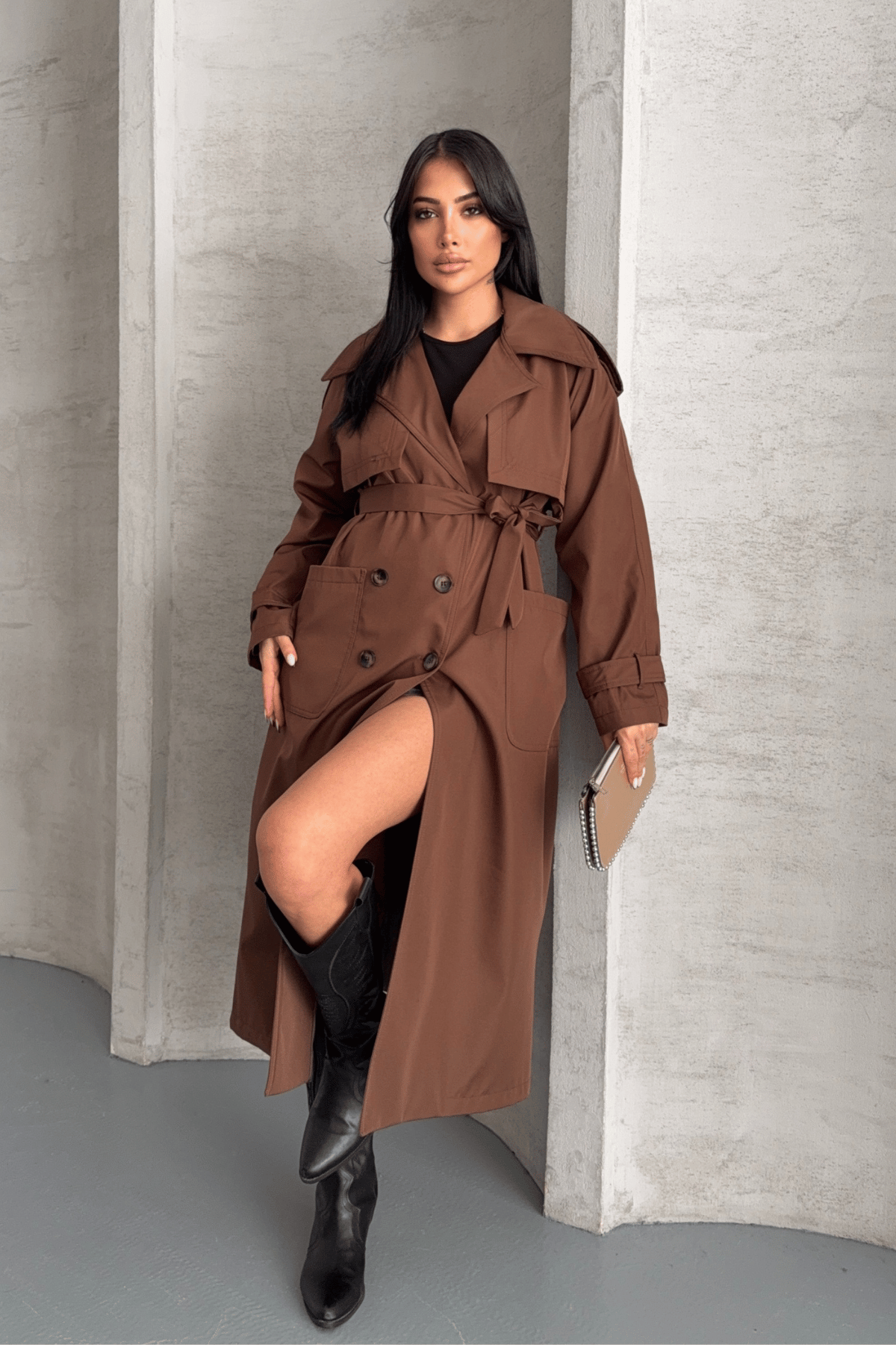 Bondit Kumaş Cepli Trençkot - KAHVERENGİ