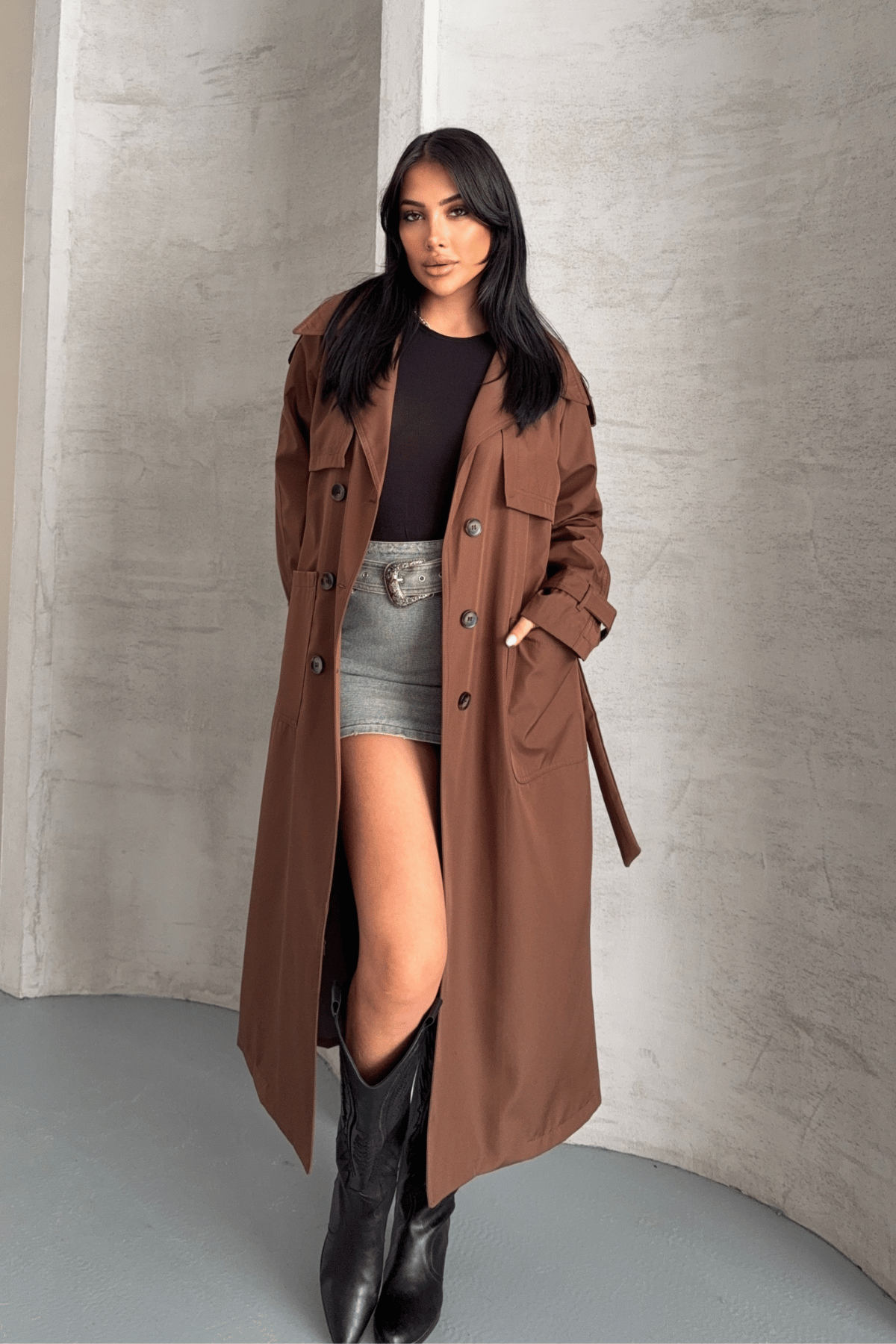 Bondit Kumaş Cepli Trençkot - KAHVERENGİ