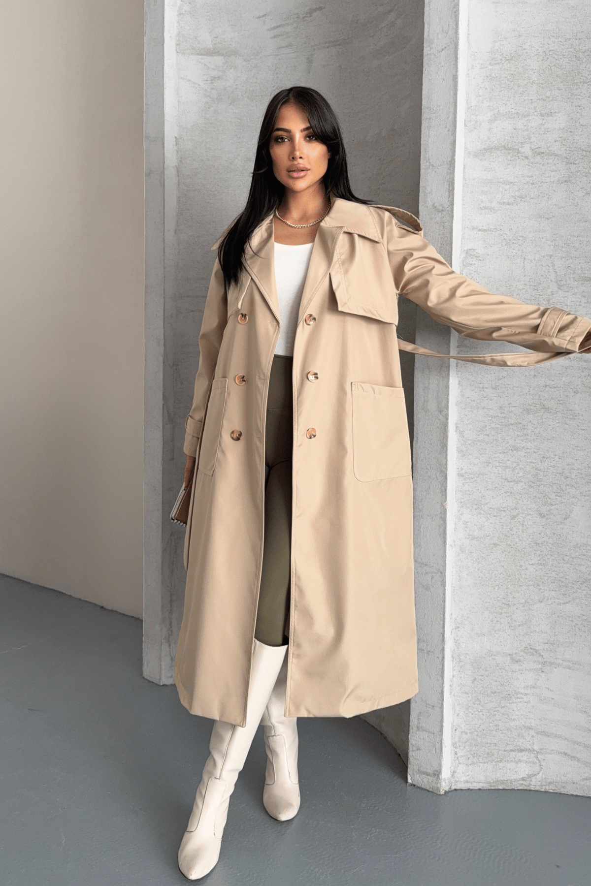 Bondit Kumaş Cepli Trençkot - KREM