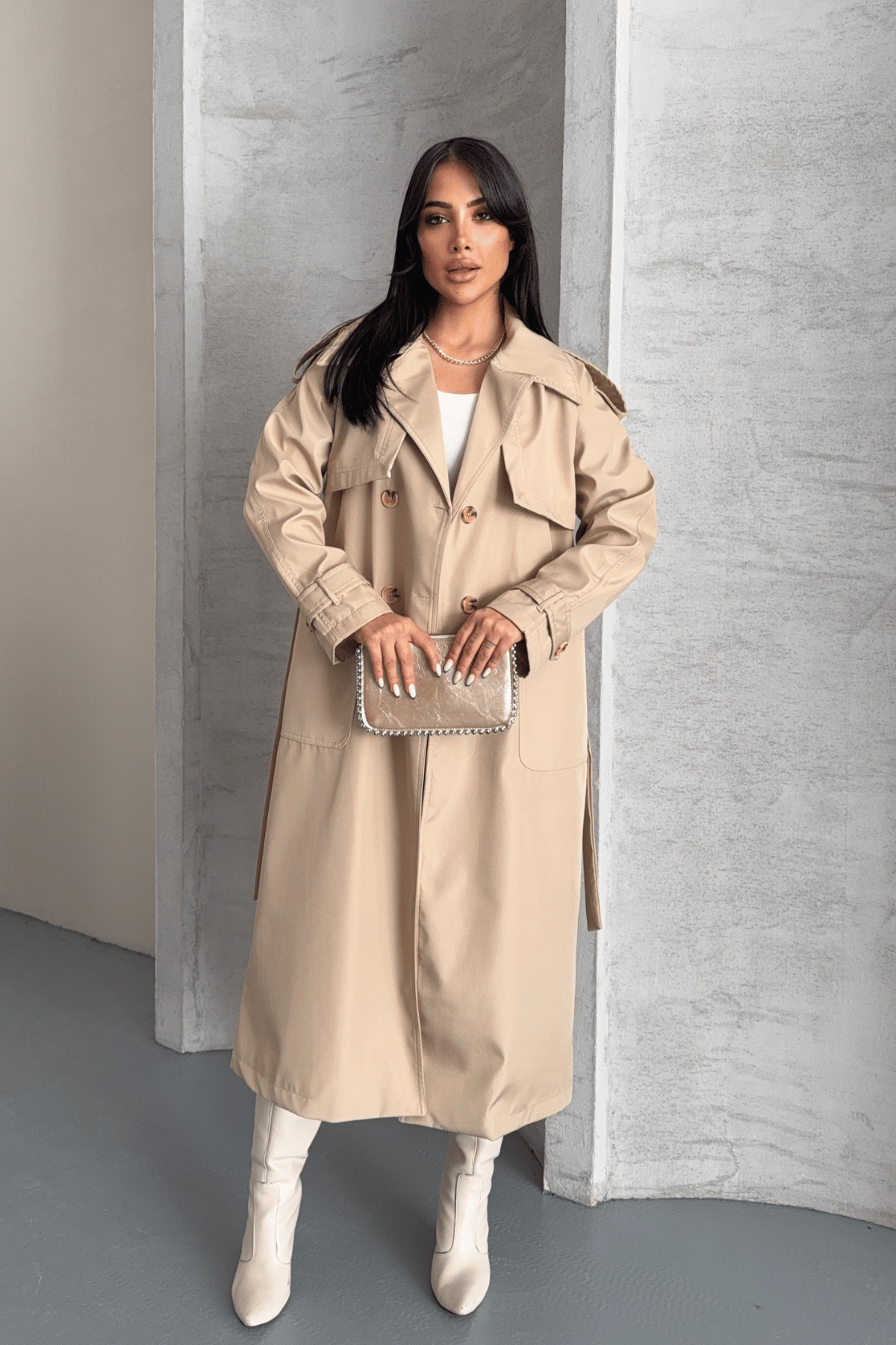 Bondit Kumaş Cepli Trençkot - KREM