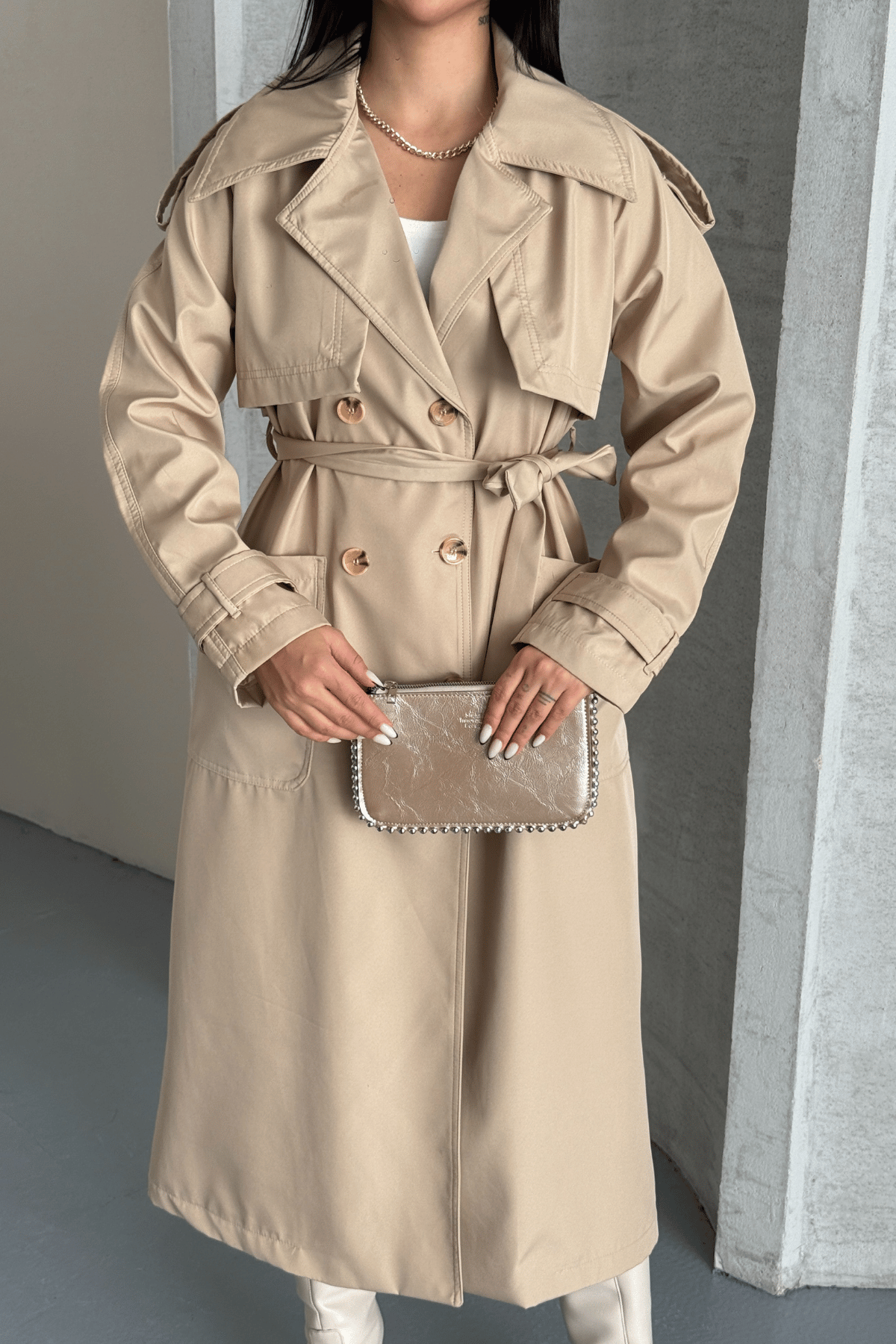 Bondit Kumaş Cepli Trençkot - KREM