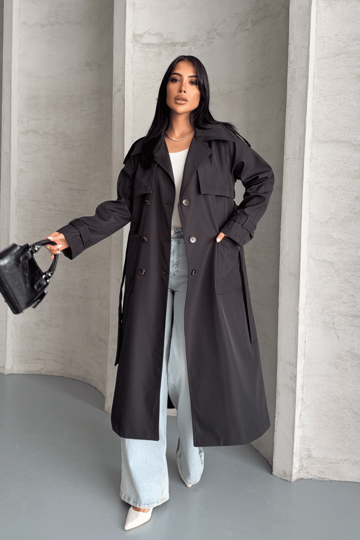 Bondit Kumaş Cepli Trençkot - SİYAH