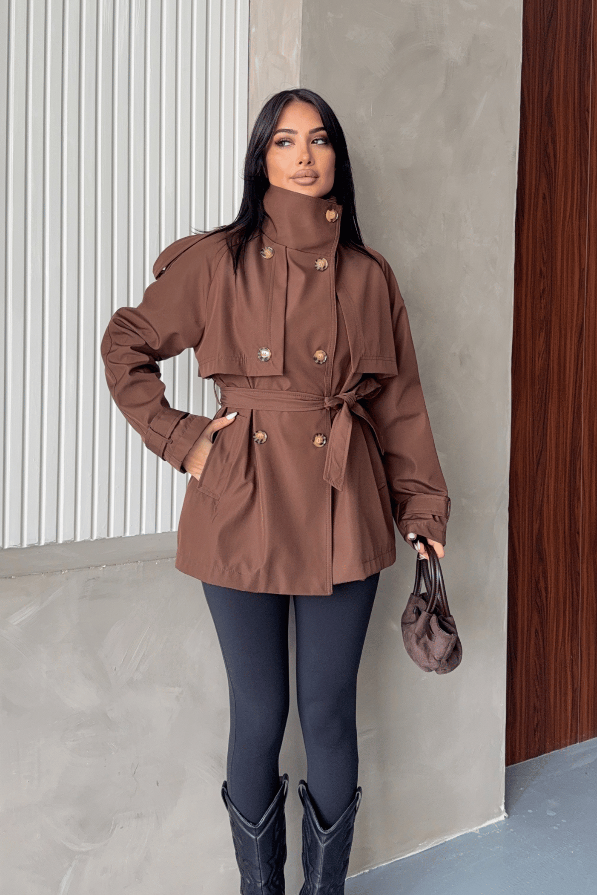 Bondit Kumaş Hakim Yaka Trençkot - KAHVERENGİ