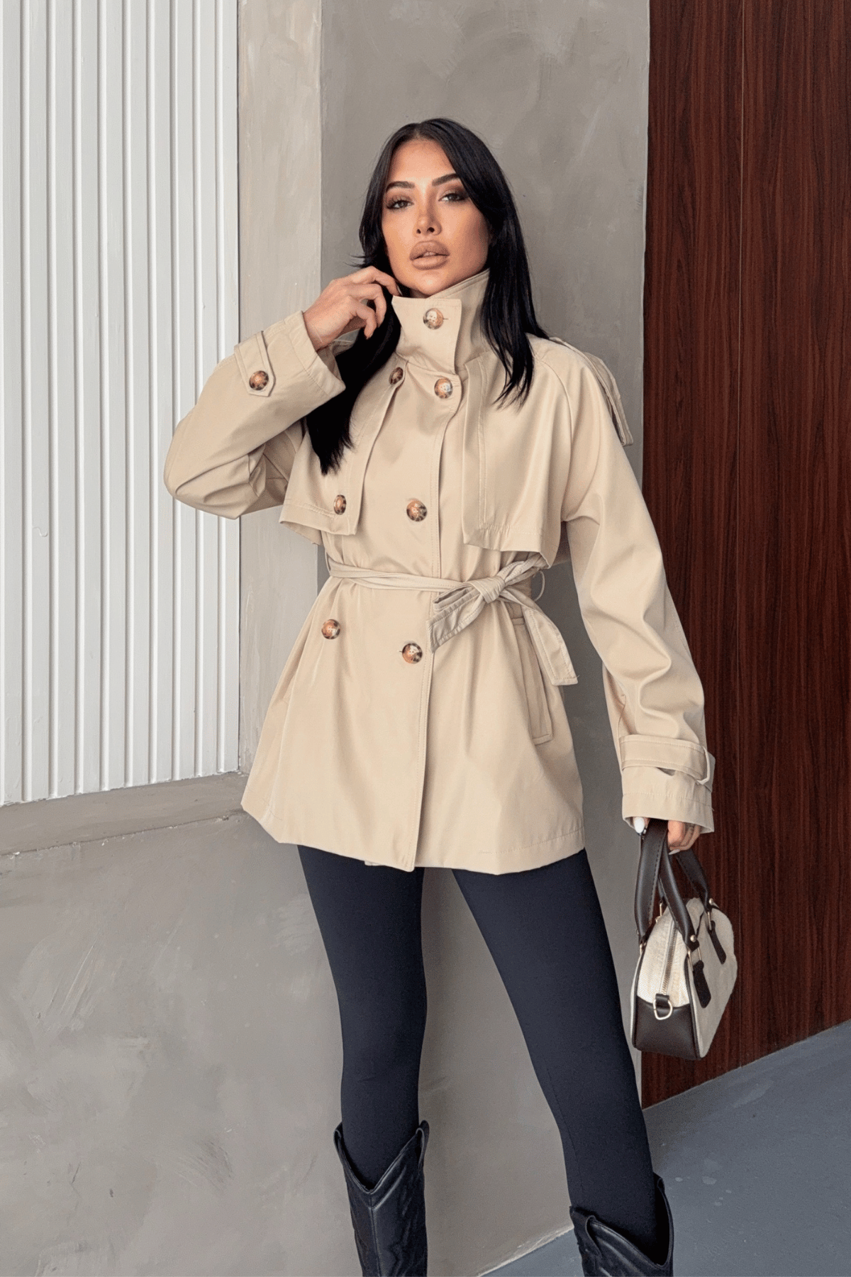 Bondit Kumaş Hakim Yaka Trençkot - KREM