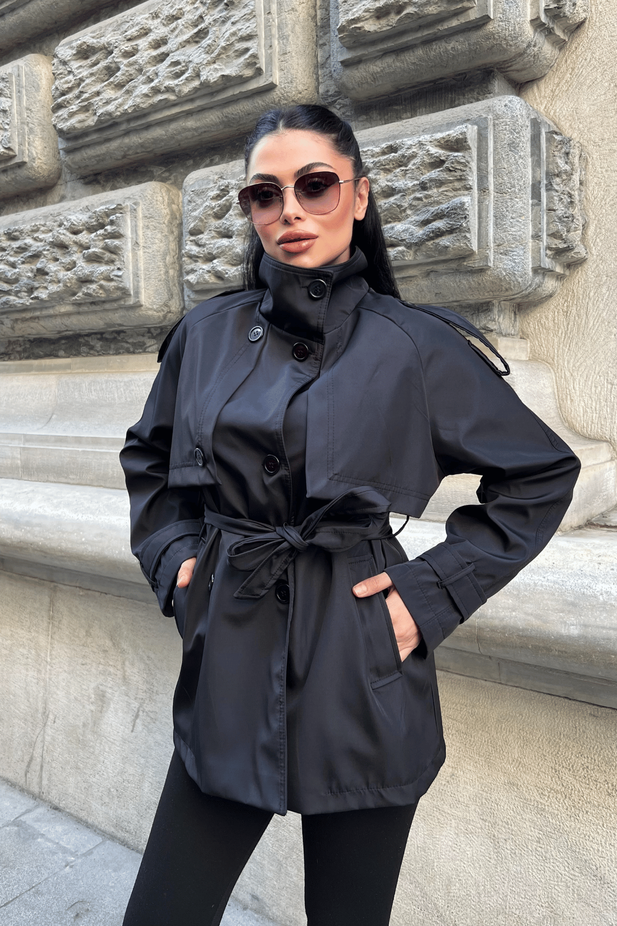 Bondit Kumaş Kısa Trençkot - ANTRASİT