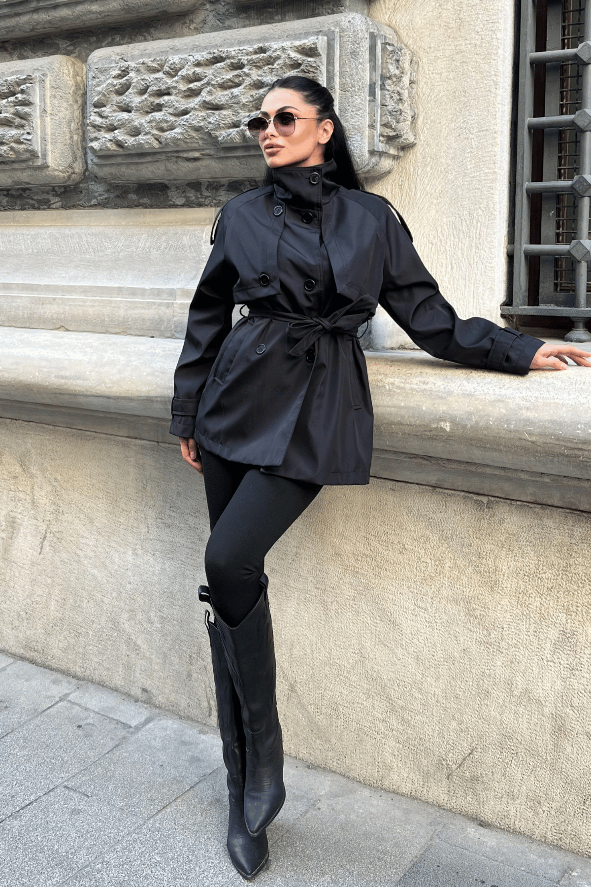 Bondit Kumaş Kısa Trençkot - ANTRASİT