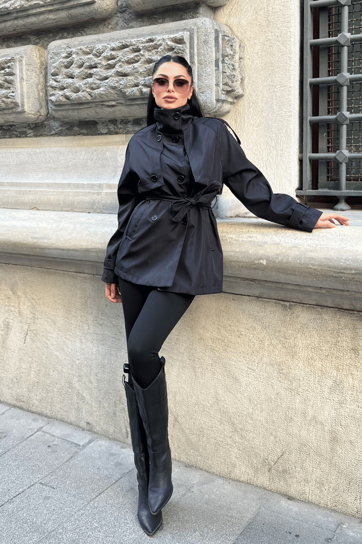 Bondit Kumaş Kısa Trençkot - ANTRASİT