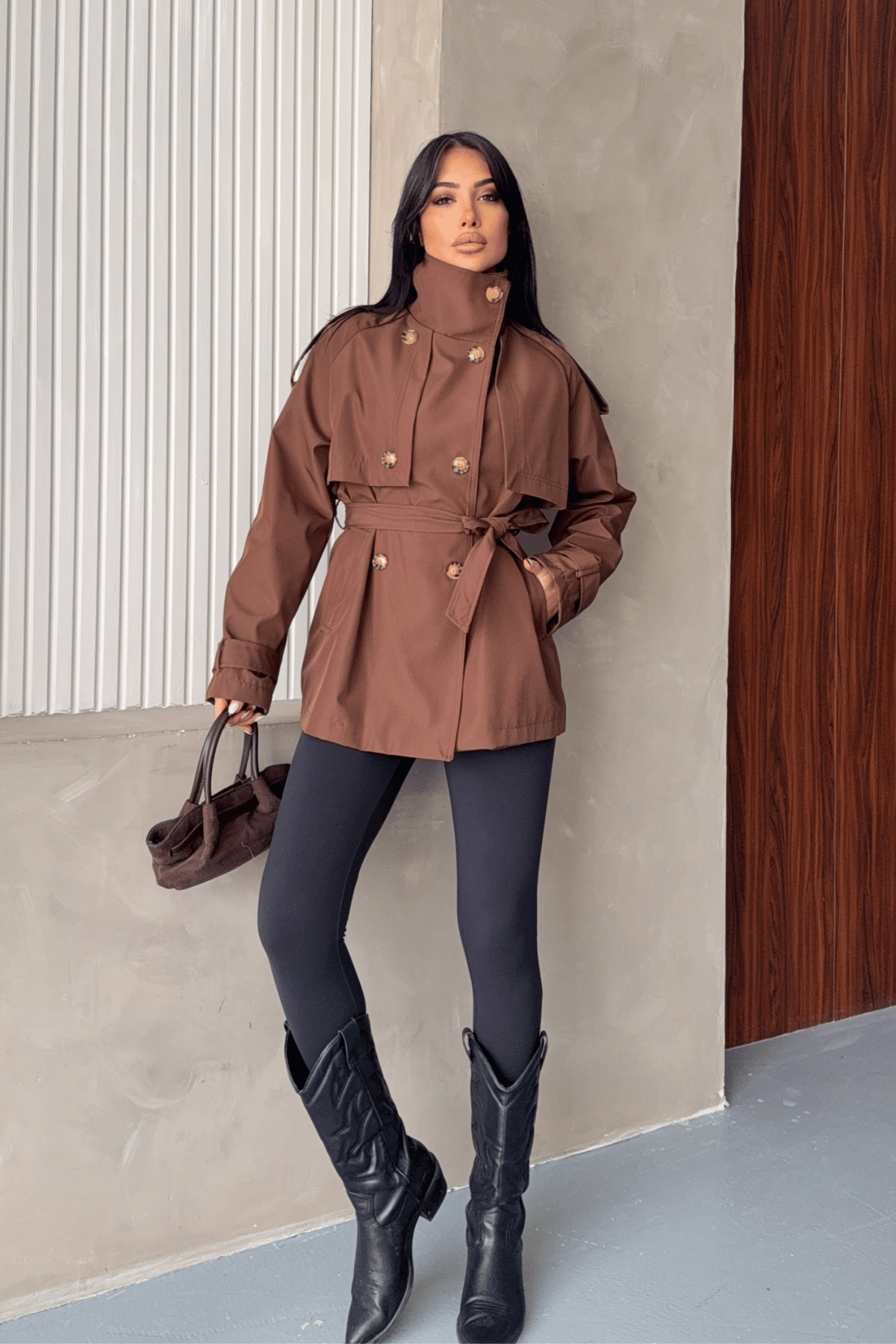 Bondit Kumaş Kısa Trençkot - TABA