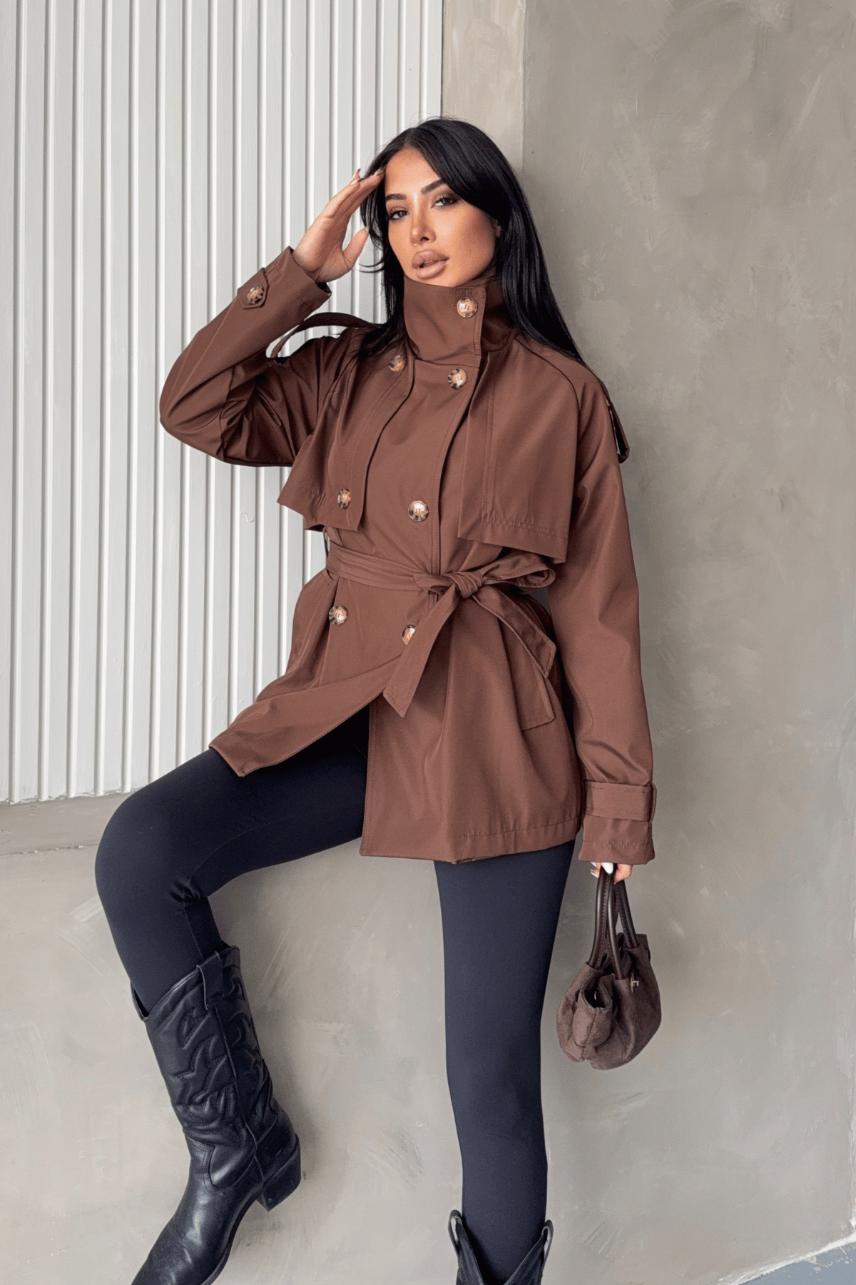 Bondit Kumaş Kısa Trençkot - TABA