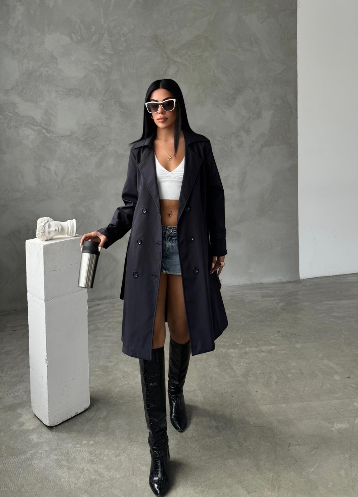 Bondit Kumaş Önü Düğmeli Trençkot - ANTRASİT