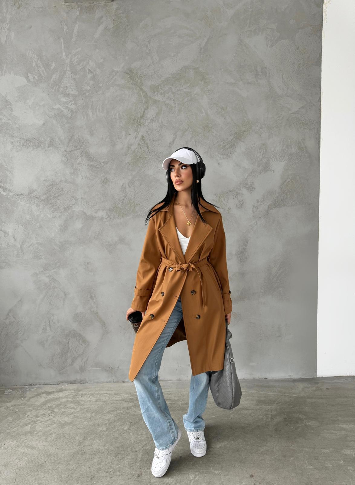 Bondit Kumaş Önü Düğmeli Trençkot - KAHVERENGİ