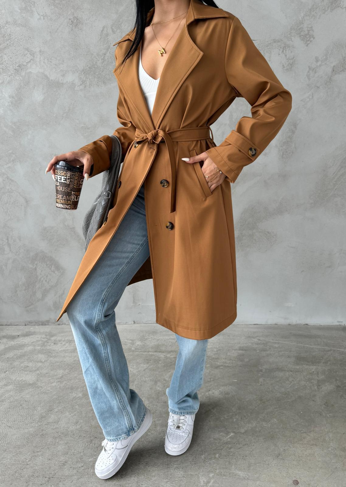 Bondit Kumaş Önü Düğmeli Trençkot - KAHVERENGİ
