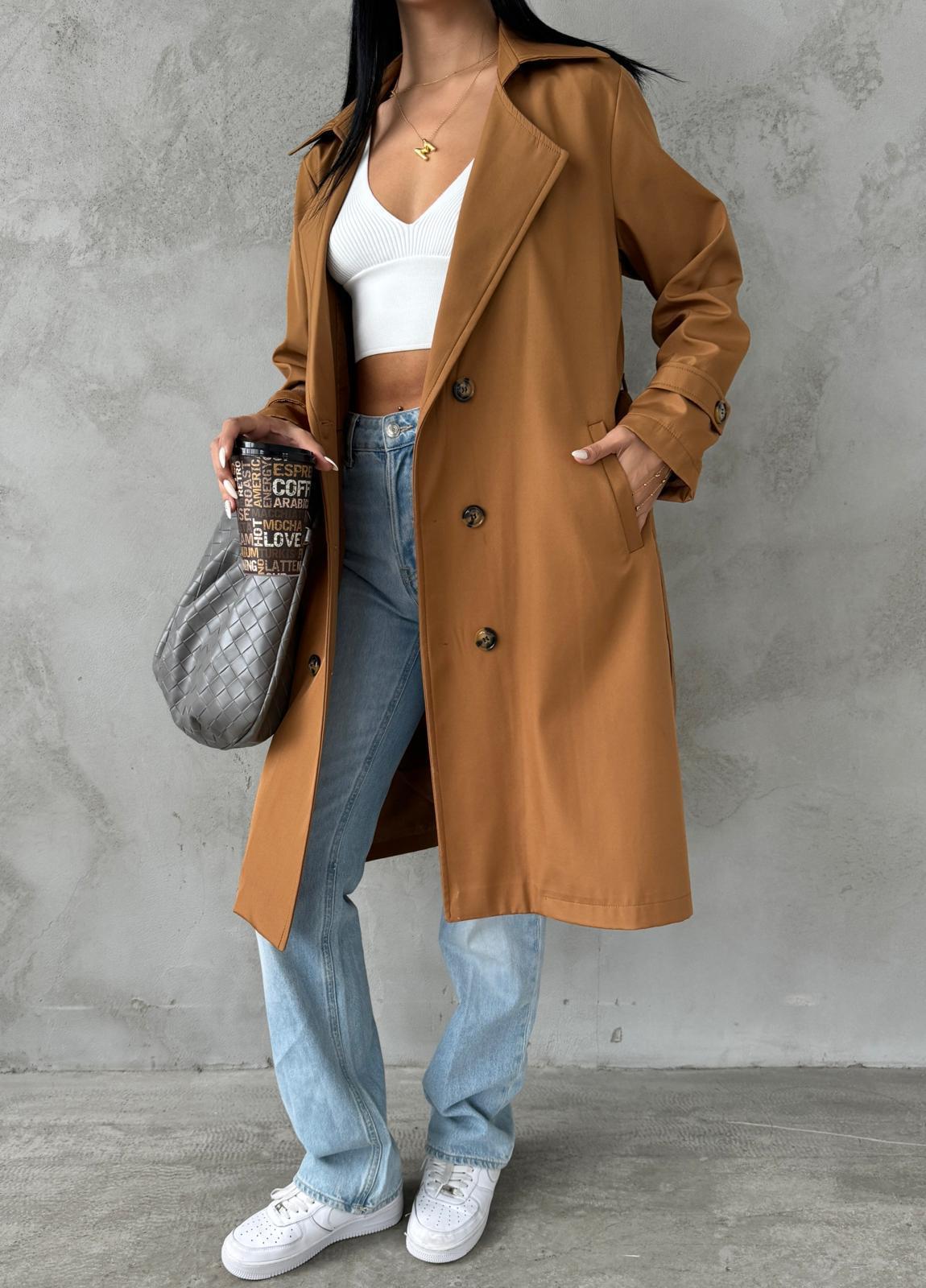 Bondit Kumaş Önü Düğmeli Trençkot - KAHVERENGİ