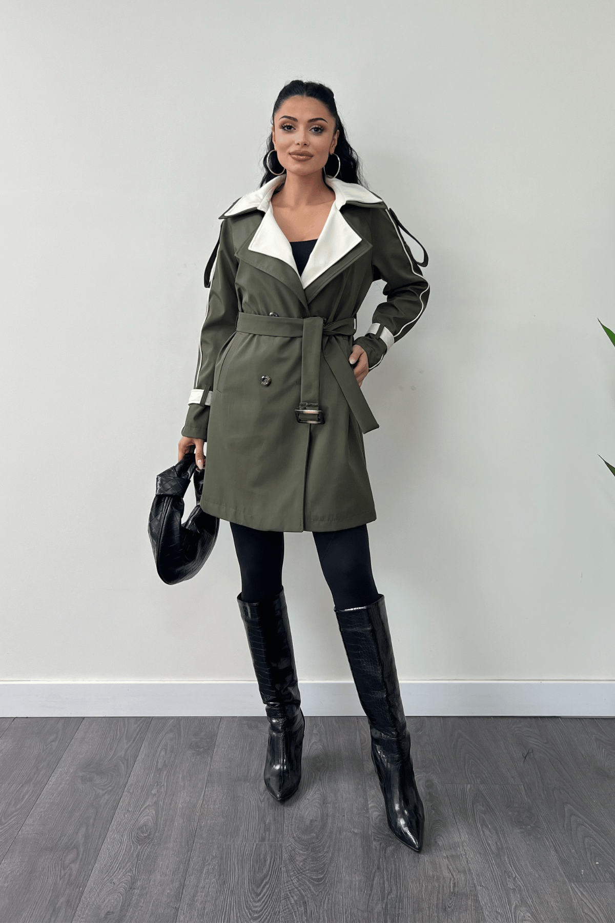 Bondit Kumaş Tasarım Trençkot - HAKİ YEŞİLİ