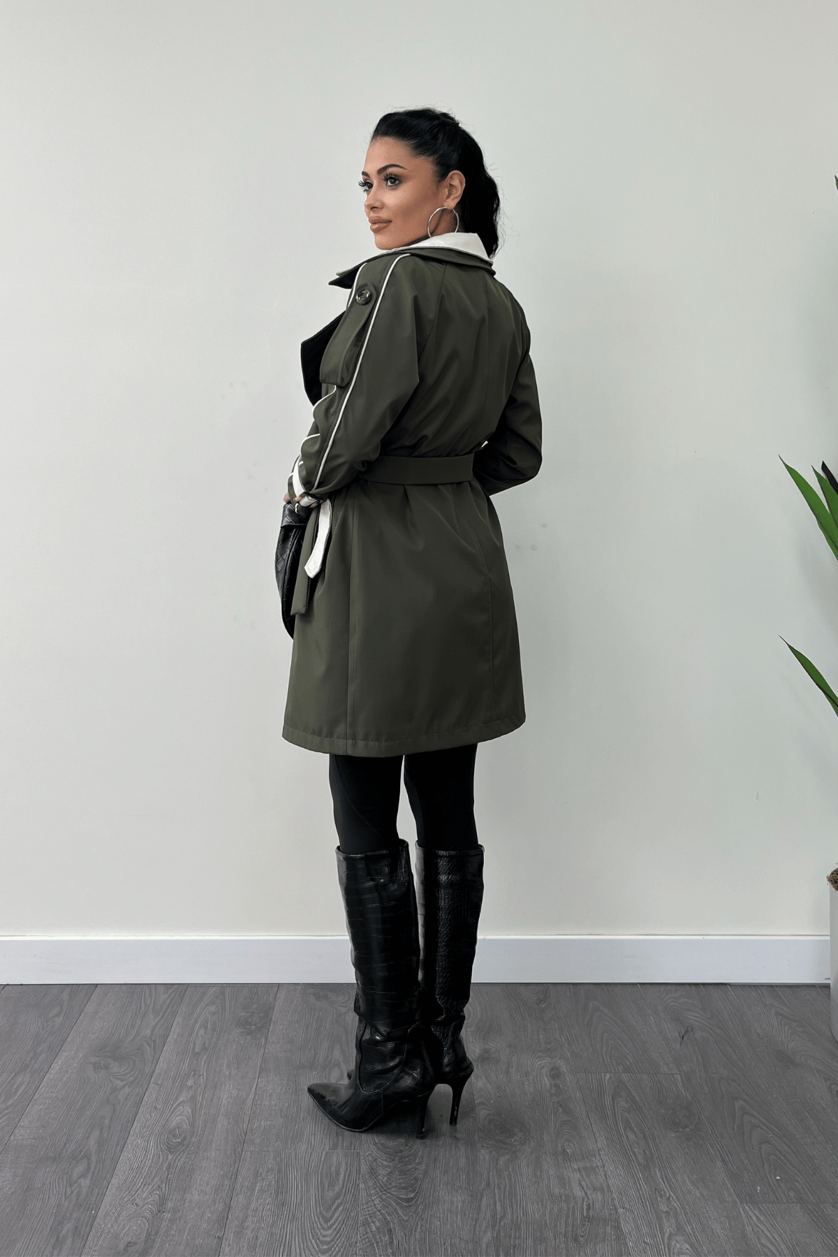 Bondit Kumaş Tasarım Trençkot - HAKİ YEŞİLİ